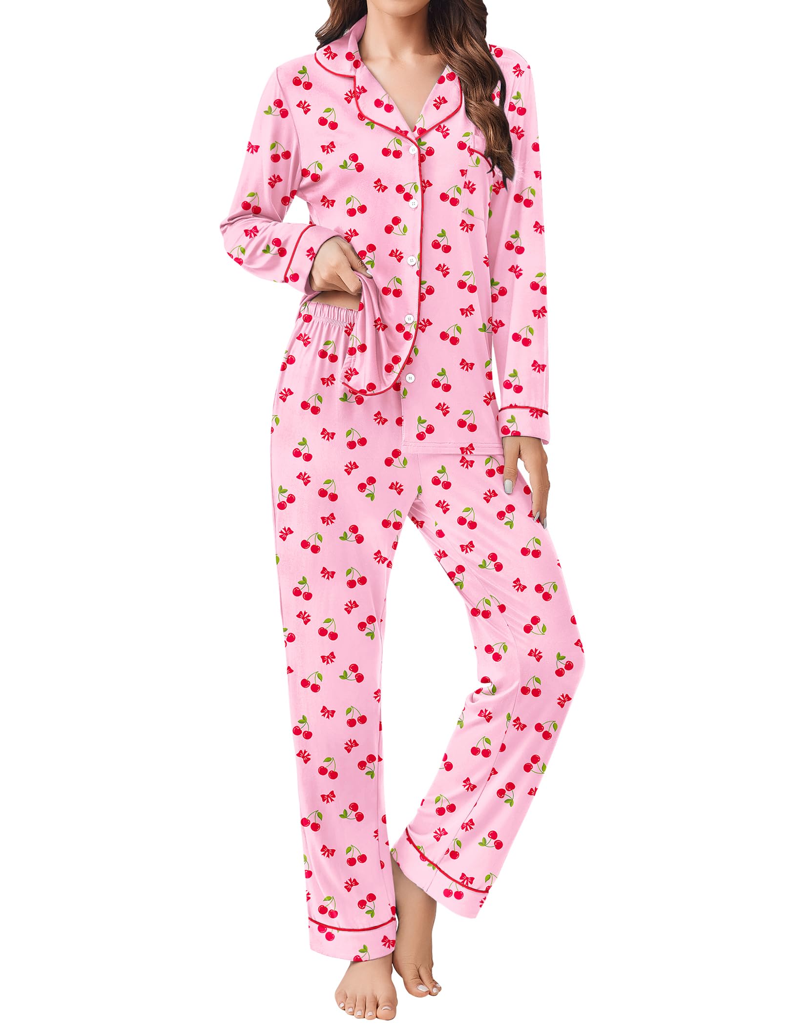 Ekouaer Womens Pajamas Set Button Down Long Sleeve Top & Pants Lounge Sets