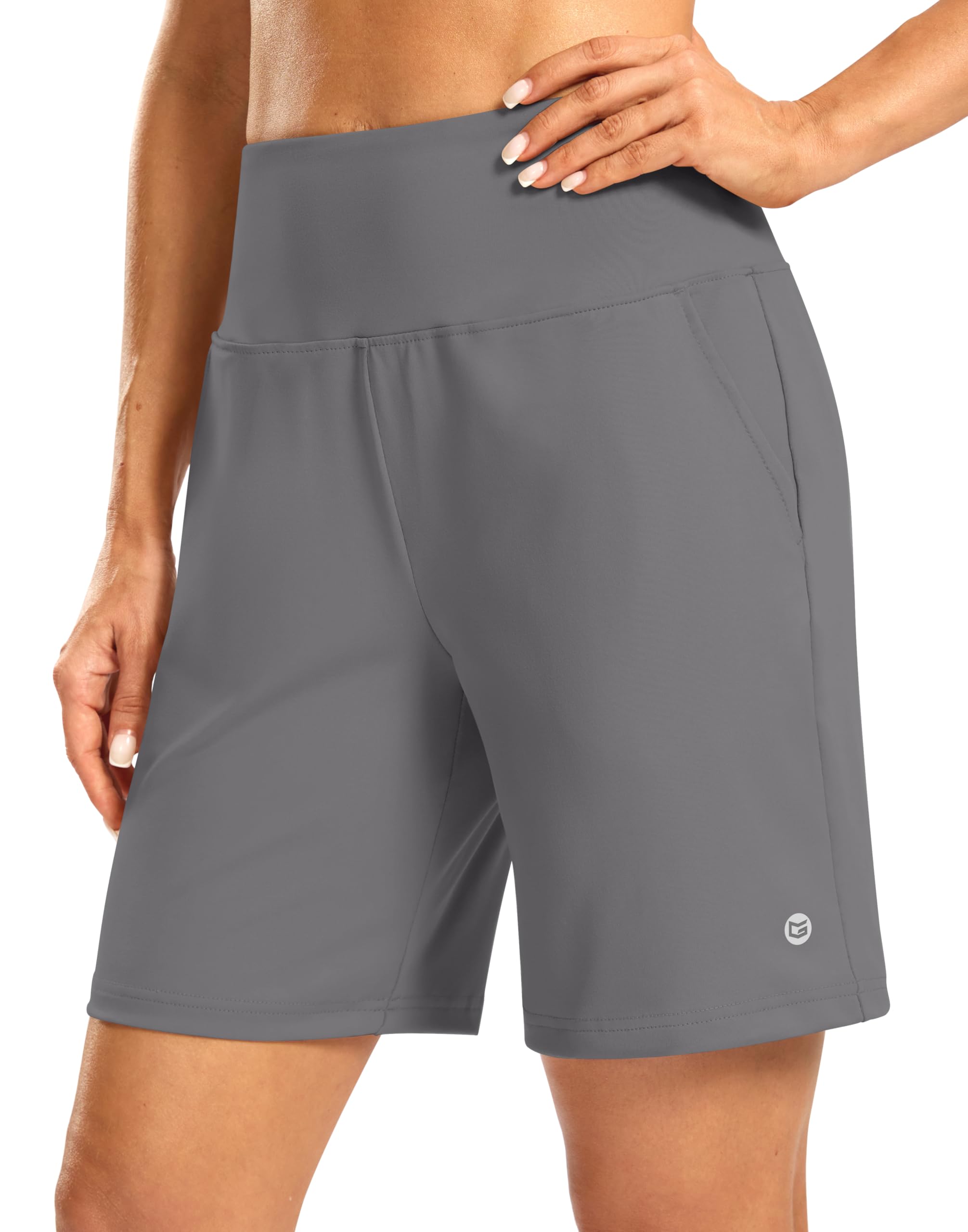 Women's Athletic Shorts with Zipper Pocket 7" High Waisted Stretchy Bermuda Shorts for Women Workout Running Casual