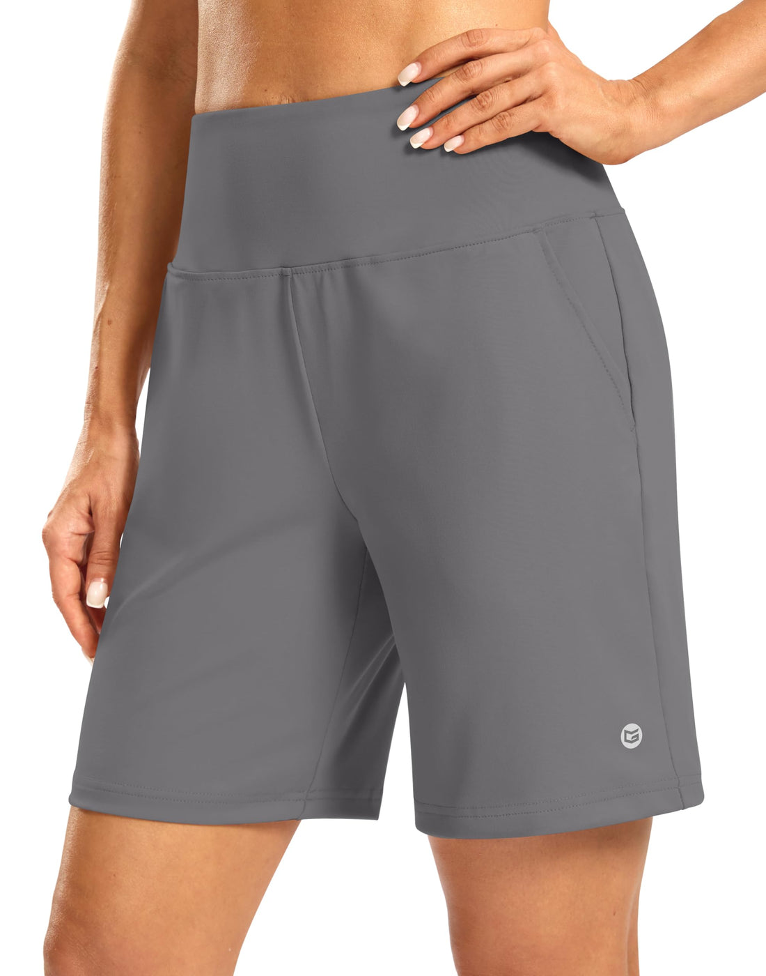 Women's Athletic Shorts with Zipper Pocket 7" High Waisted Stretchy Bermuda Shorts for Women Workout Running Casual