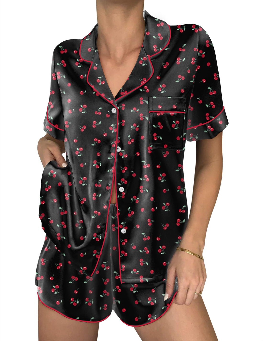 Ekouaer Women Satin Pajama Sets Cute Print Silk Pjs Shorts Sets S-4XL