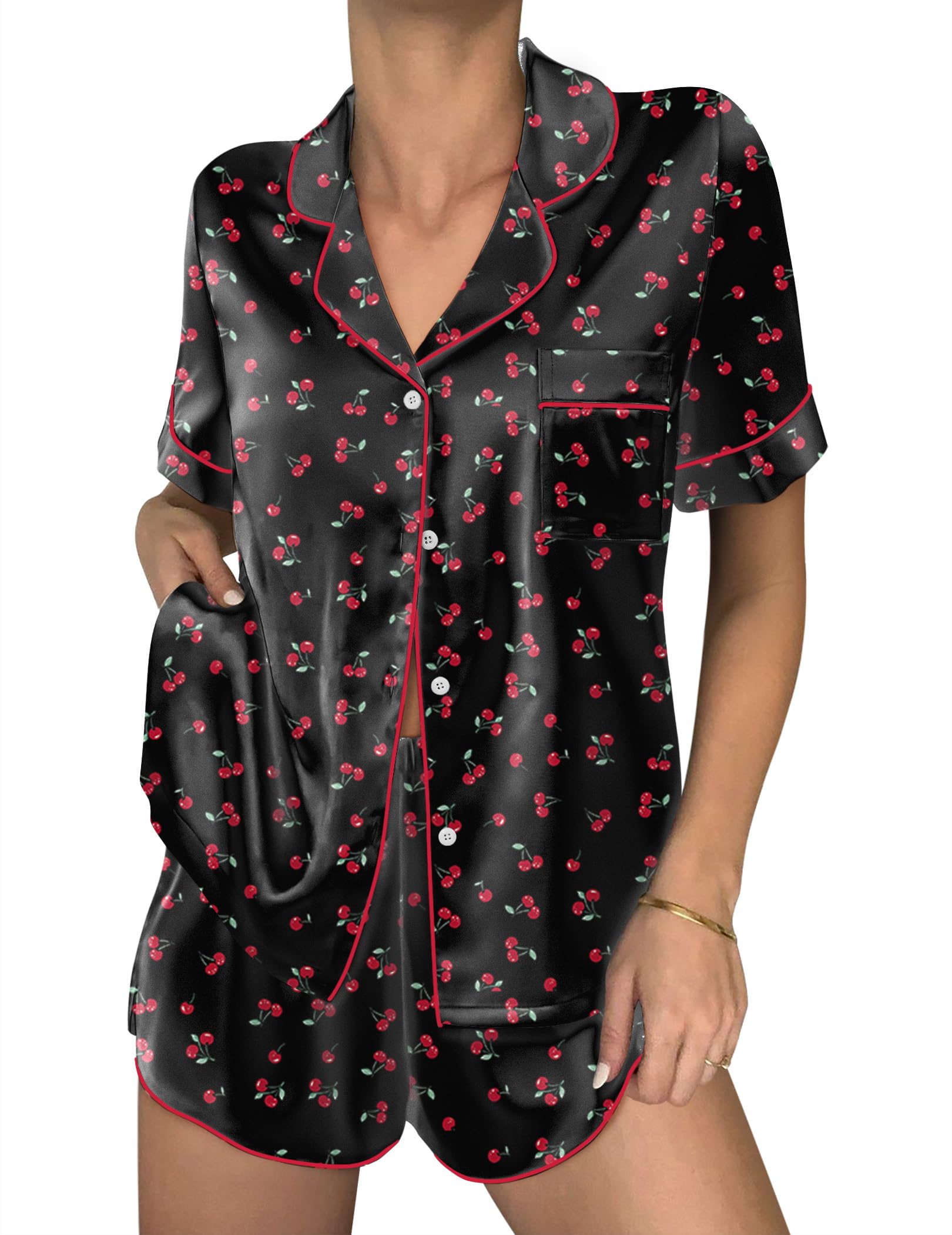 Ekouaer Women Satin Pajama Sets Cute Print Silk Pjs Shorts Sets S-4XL