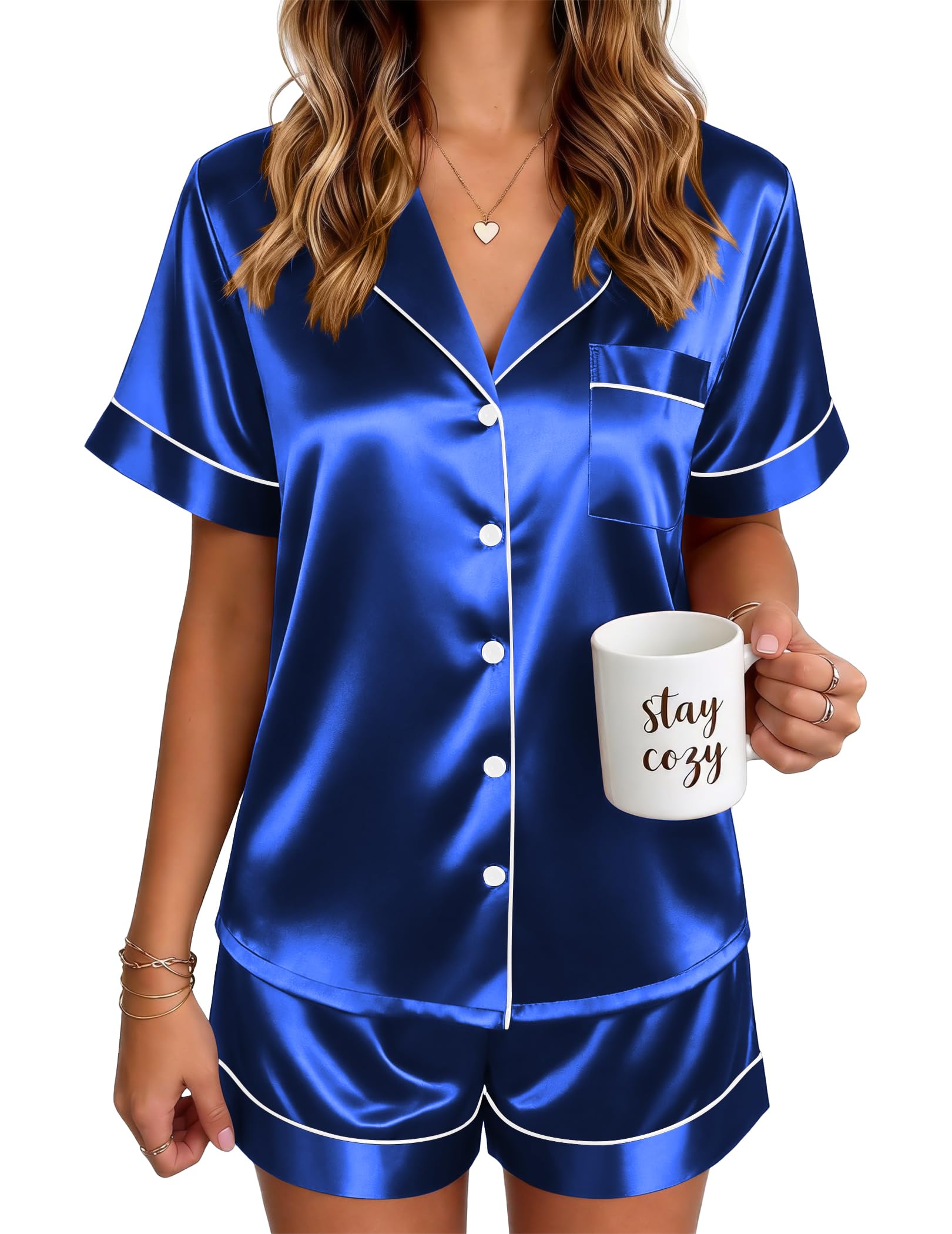 Ekouaer Satin Pajamas for Women Silk Pjs Short Set 2 Piece Lounge Sets