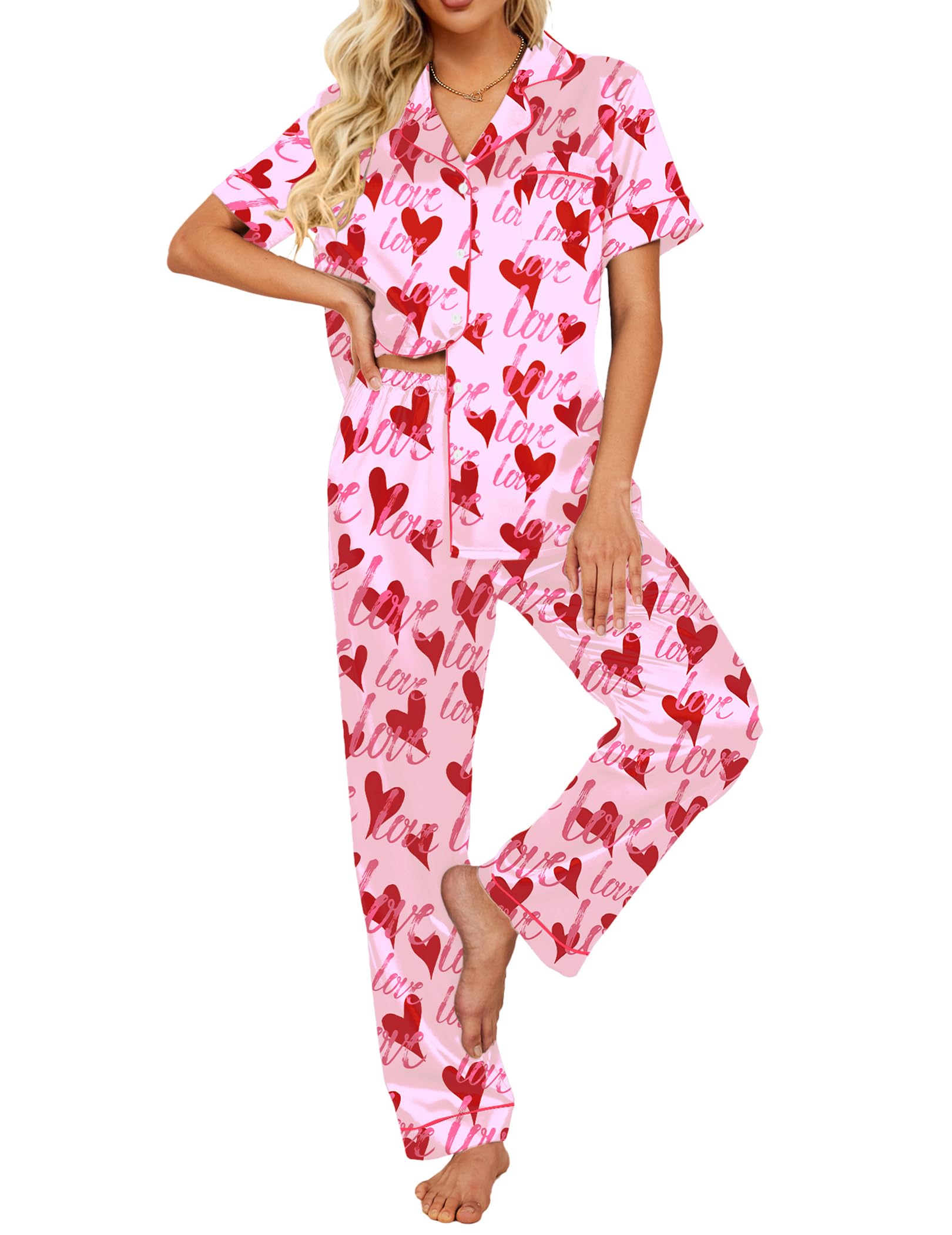 Ekouaer 2 Piece Satin Short Sleeve Pajamas Set Button Down Sleepwear