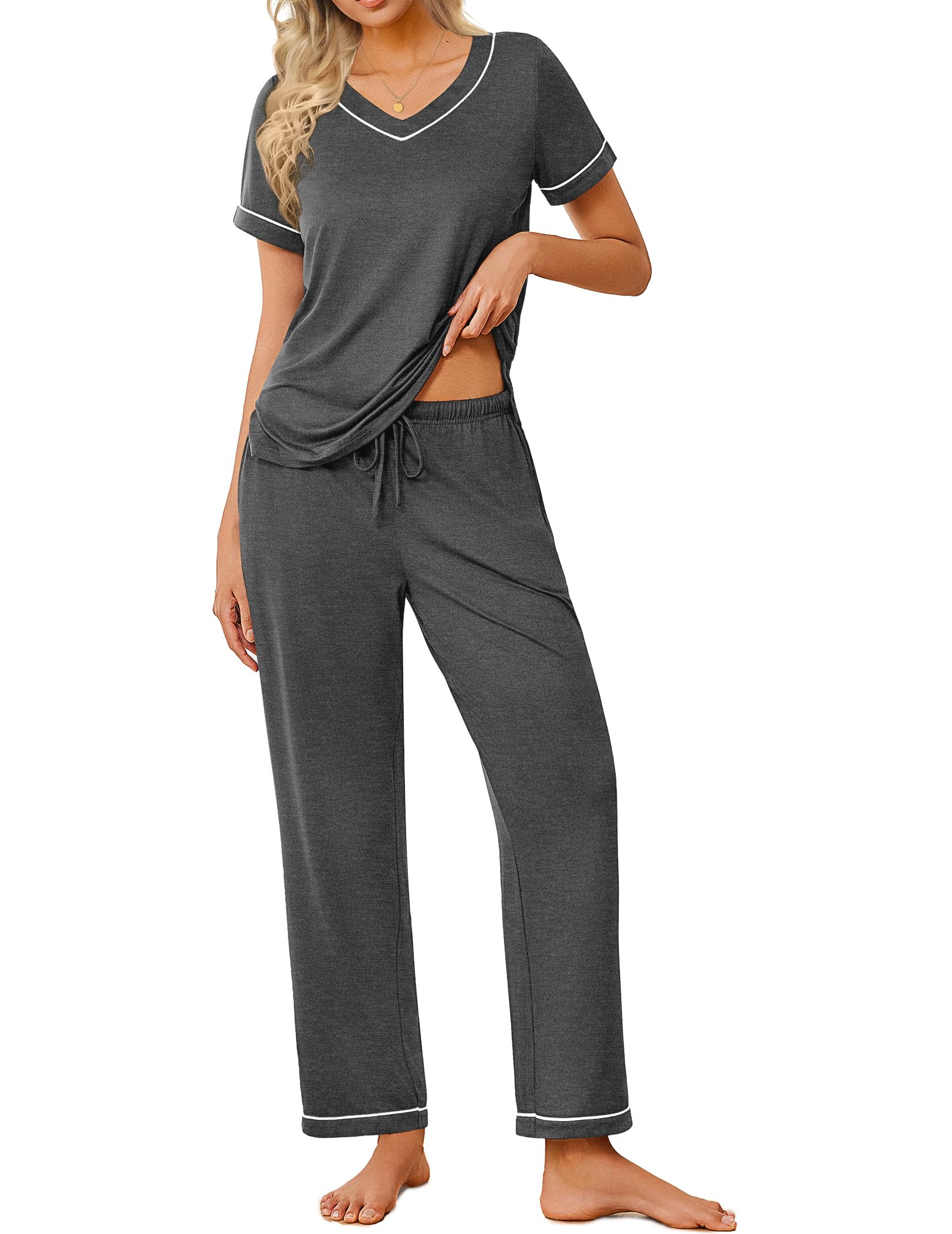 Ekouaer Pajamas for Women Set 2 Piece Lounge Set Soft Pajama Sets Short Sleeve and Pants Pj Sets Loose Sleepwear with Pockets
