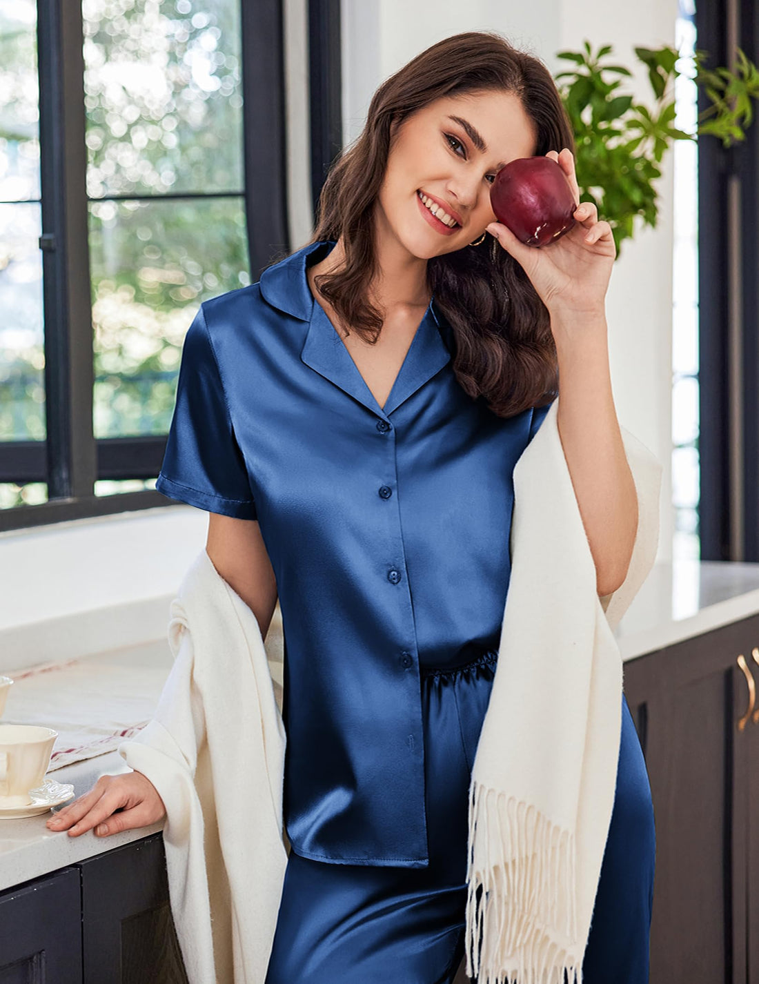 Ekouaer Womens Satin Silky Capri Pajamas Short Sleeve Button Down Sleepwear