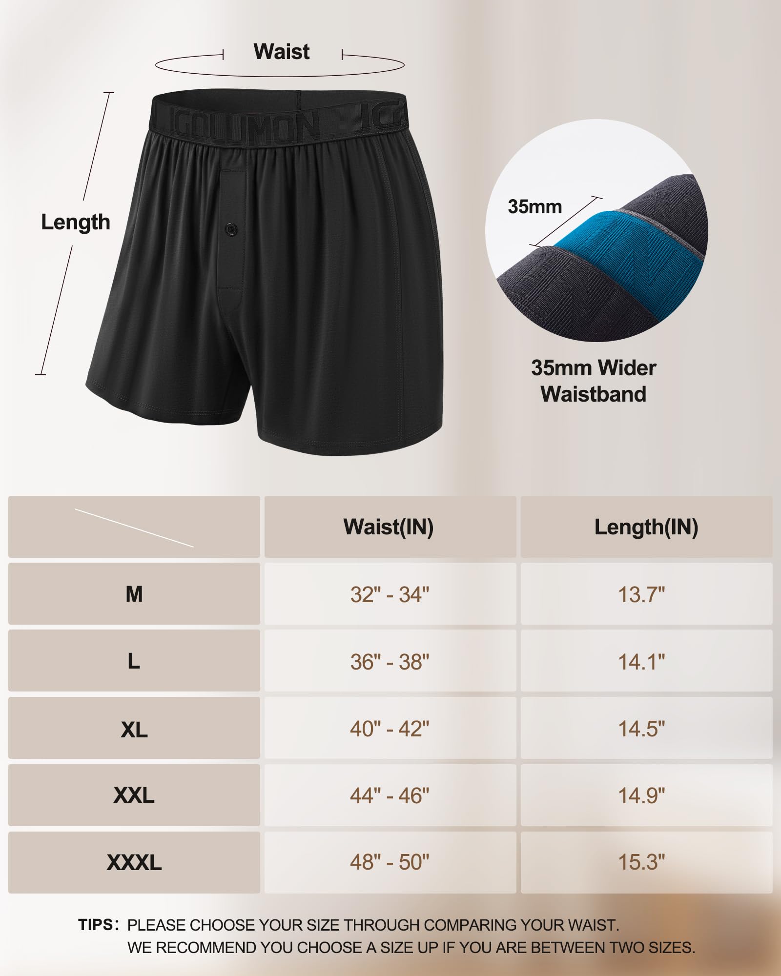IGOLUMON Mens Boxer Shorts Underwear Soft Breathable Bamboo Rayon Boxers for Men Relaxed Fit Boxers with Button Fly 5 Pack