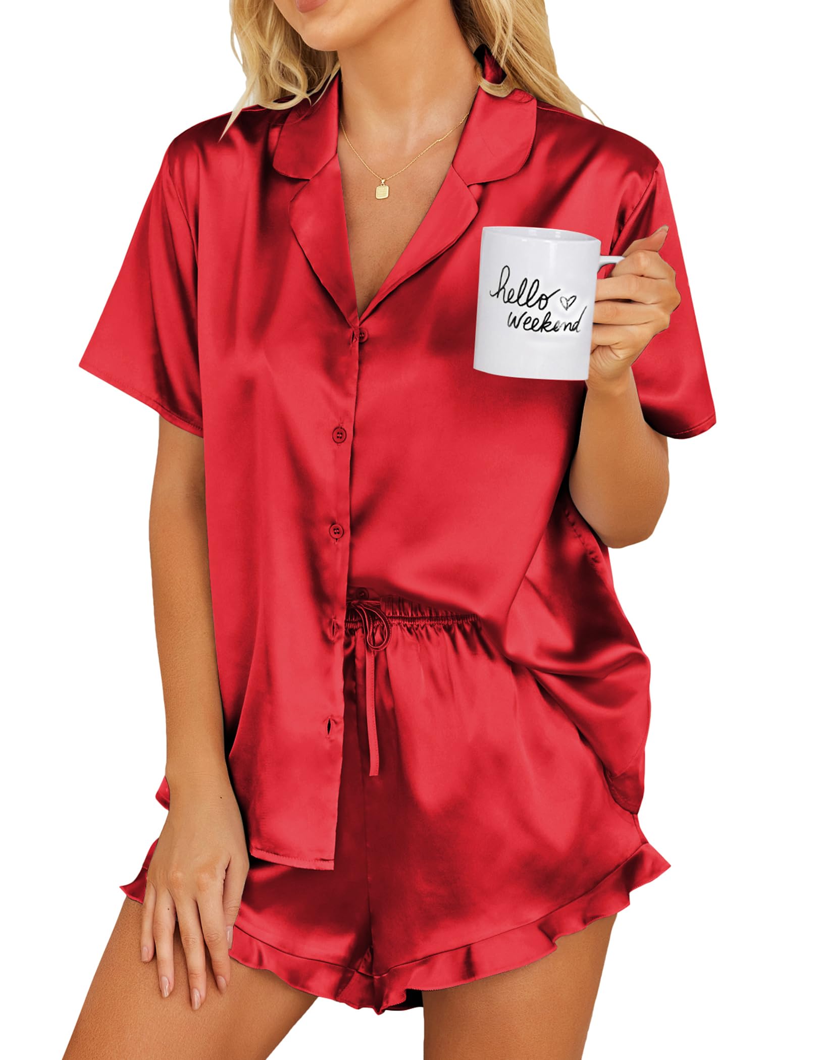 Ekouaer Womens Satin Pajamas Set Button Down Silk Pj Shorts Set with Ruffle