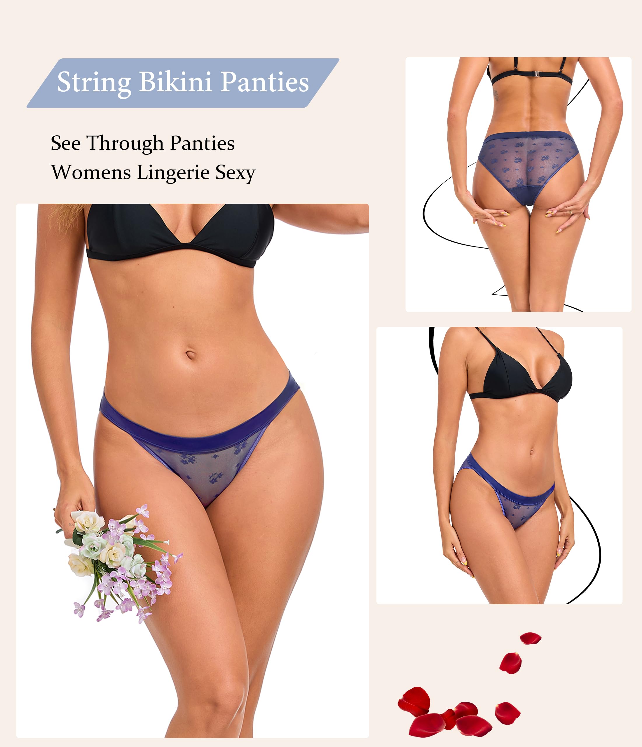 ANLIQI Womens Sexy Underwear Mesh See Through Bikini Panties Pack Hi Cut Briefs Sheer Lace String Lingerie Hipster for Lady