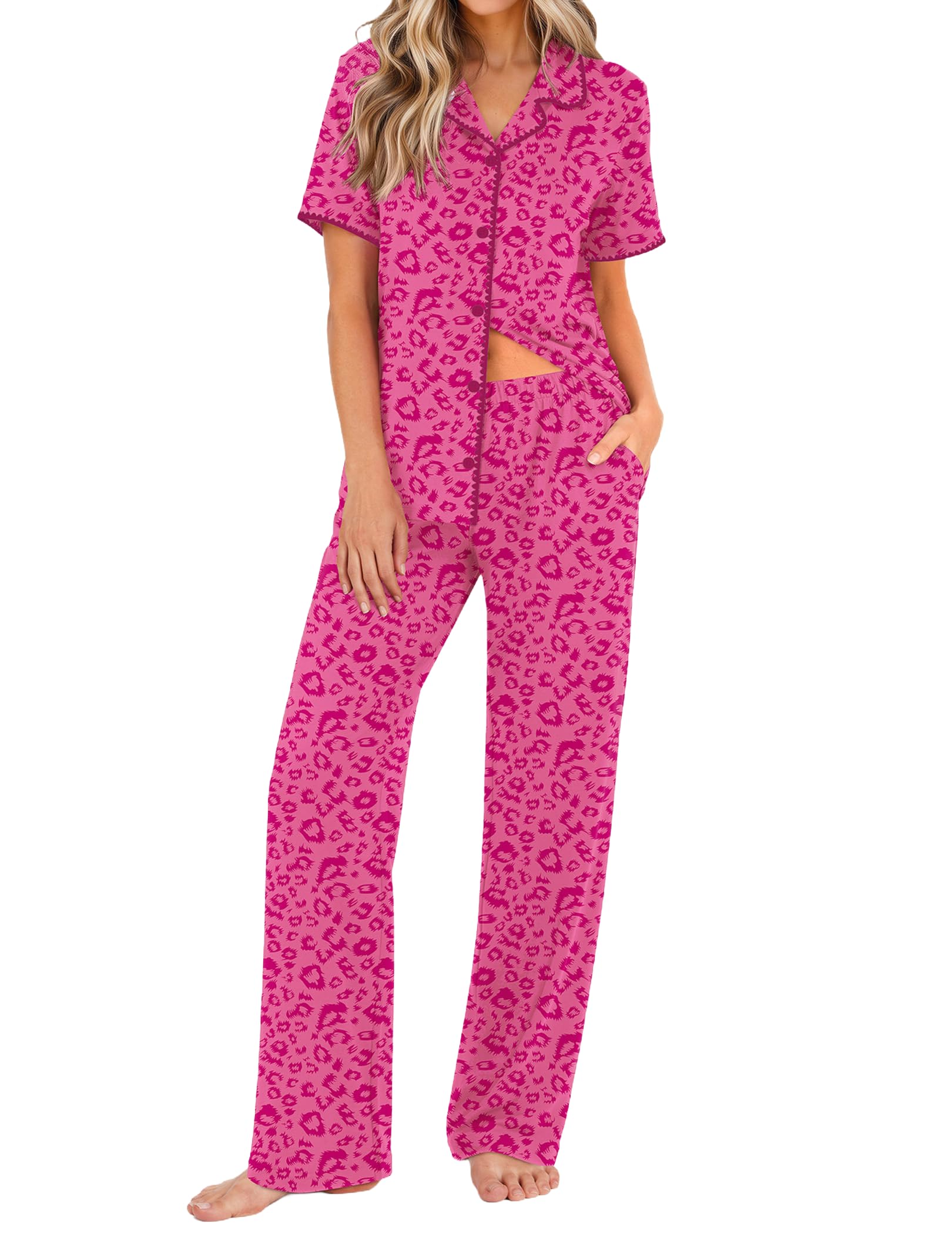 Ekouaer Womens Pajamas Set Button Down Loungewear Short Sleeve Pants Pjs