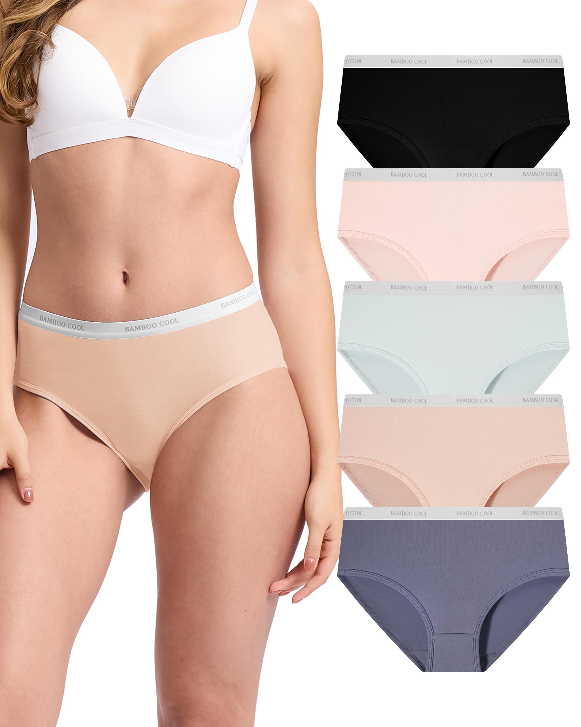 BAMBOO COOL Womens Underwear, Moisture-Wicking Briefs, Soft and Breathable Panties, Mid Waist, 5-Pack
