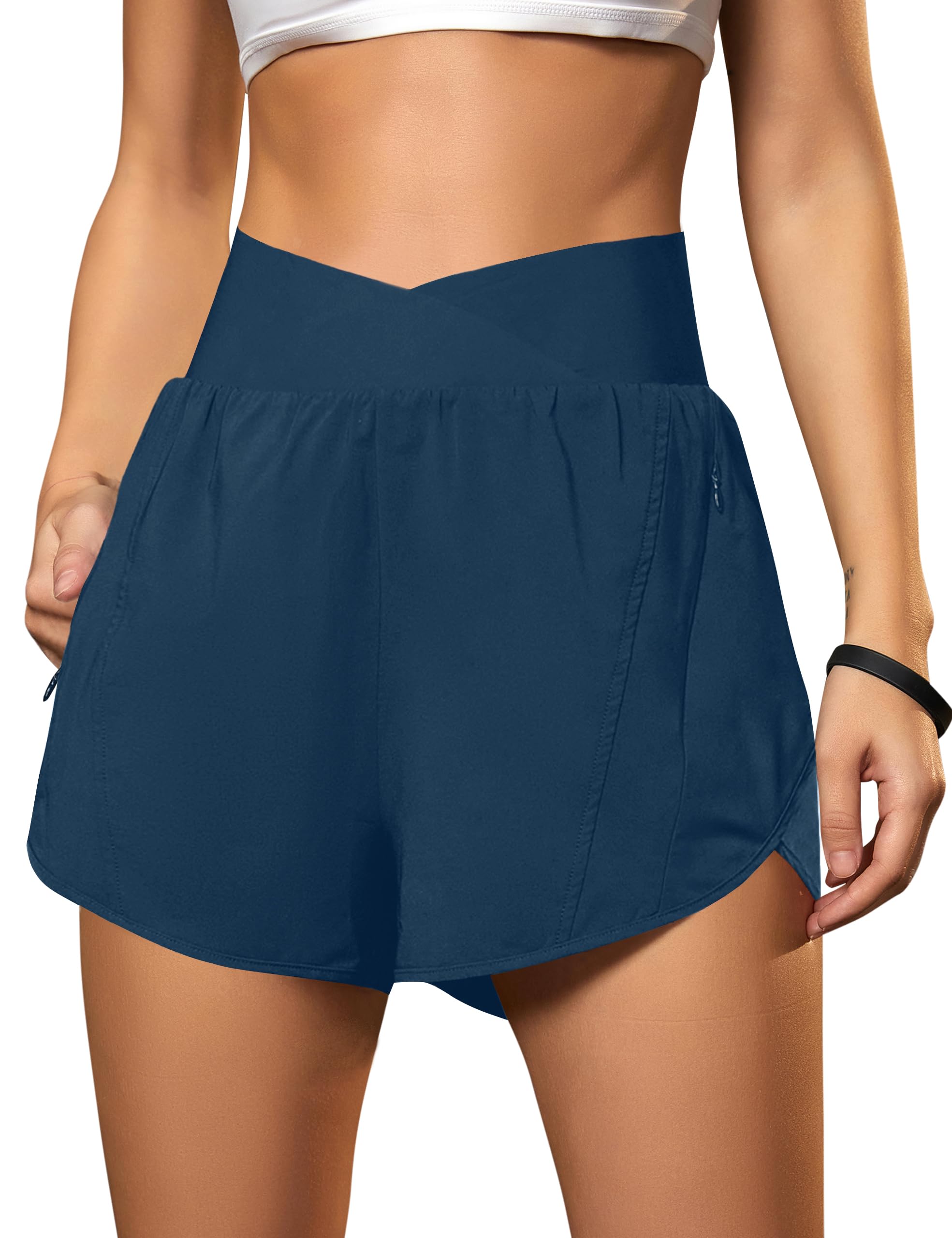Blooming Jelly Women's Workout Shorts Athletic Running Shorts Crossover High Waisted Gym Shorts with Zipper Pockets