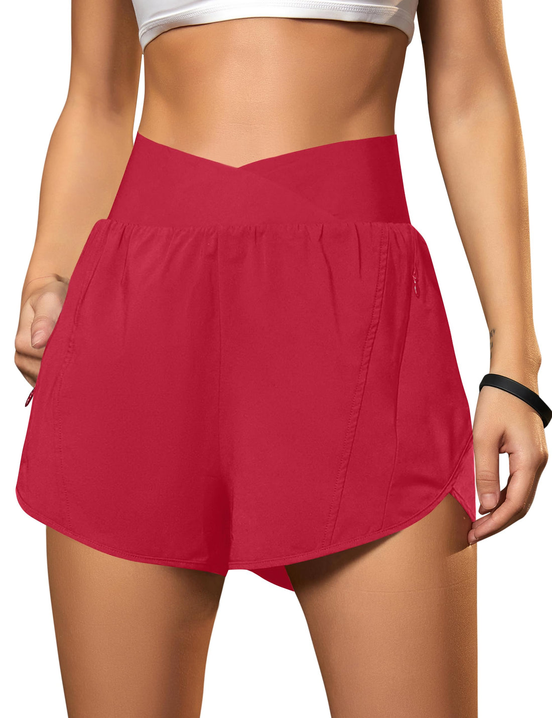 Blooming Jelly Women's Workout Shorts Athletic Running Shorts Crossover High Waisted Gym Shorts with Zipper Pockets