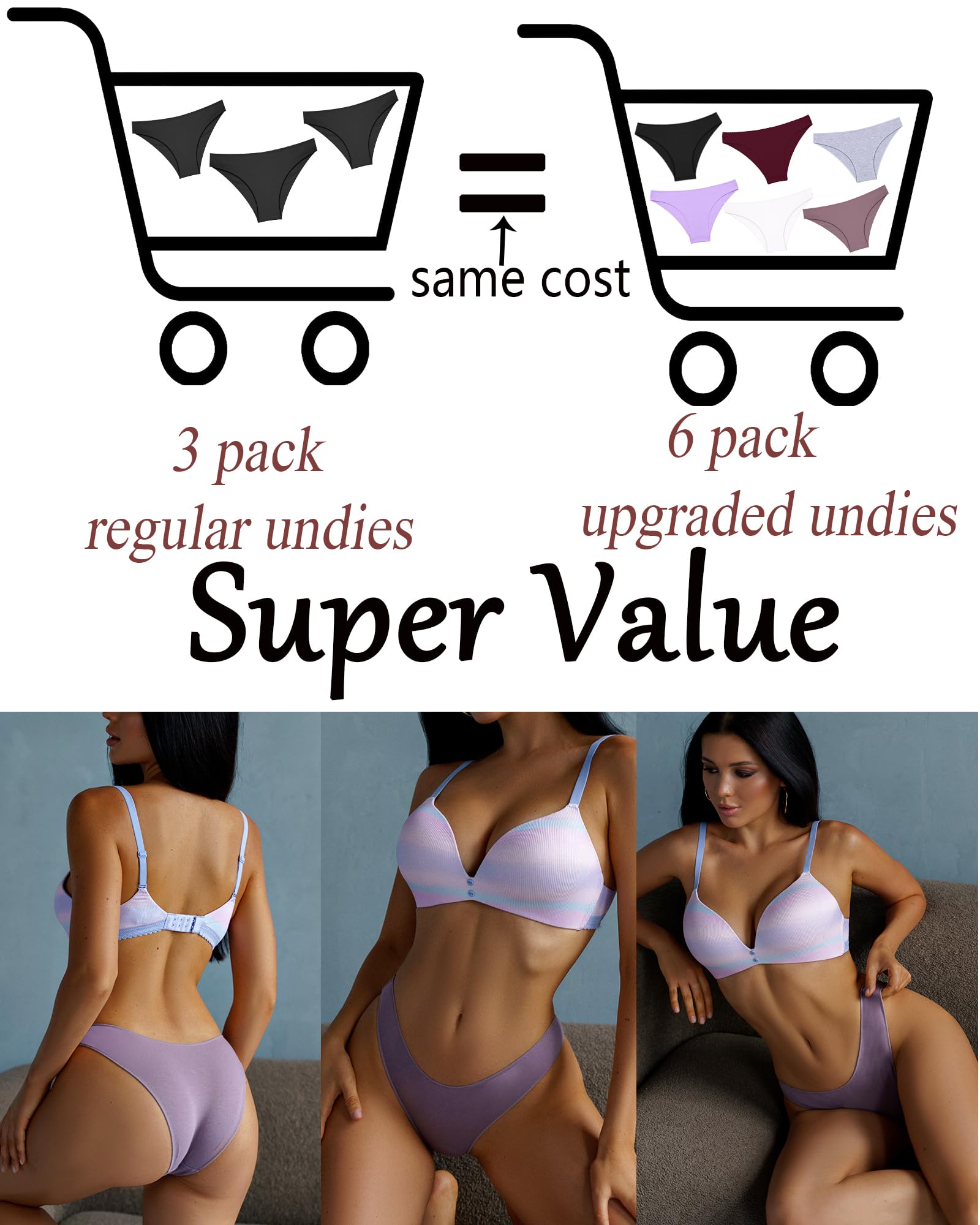 FINETOO 6 Pack Cotton Underwear for Women Cute Low Rise Bikini Panties High Cut Breathable Sexy Hipster Womens Cheeky S-3XL