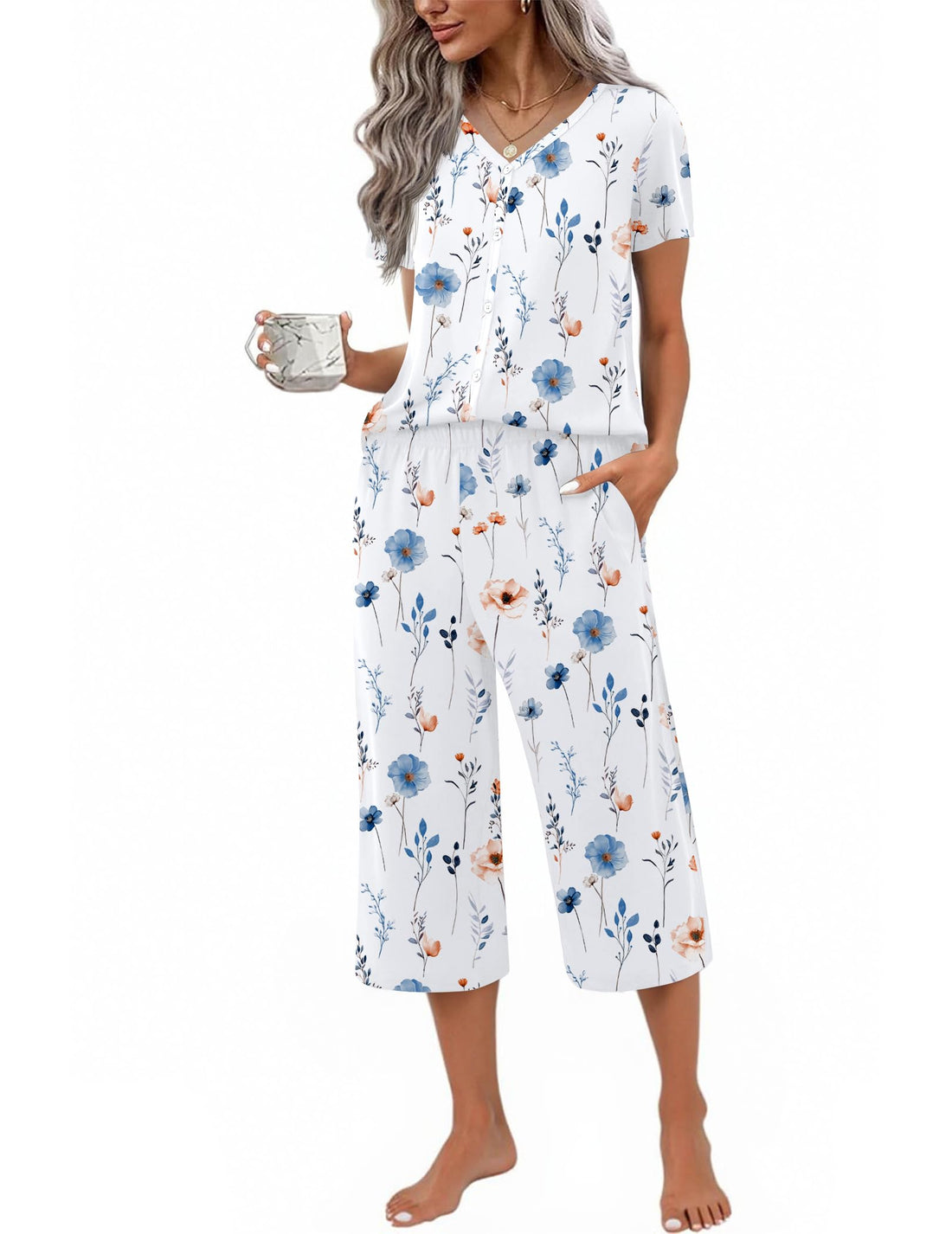 Ekouaer Women's Pajama Sets Short Sleeve Sleepwear Button Up Pj Loungewear Top and Capri Pants with Pockets