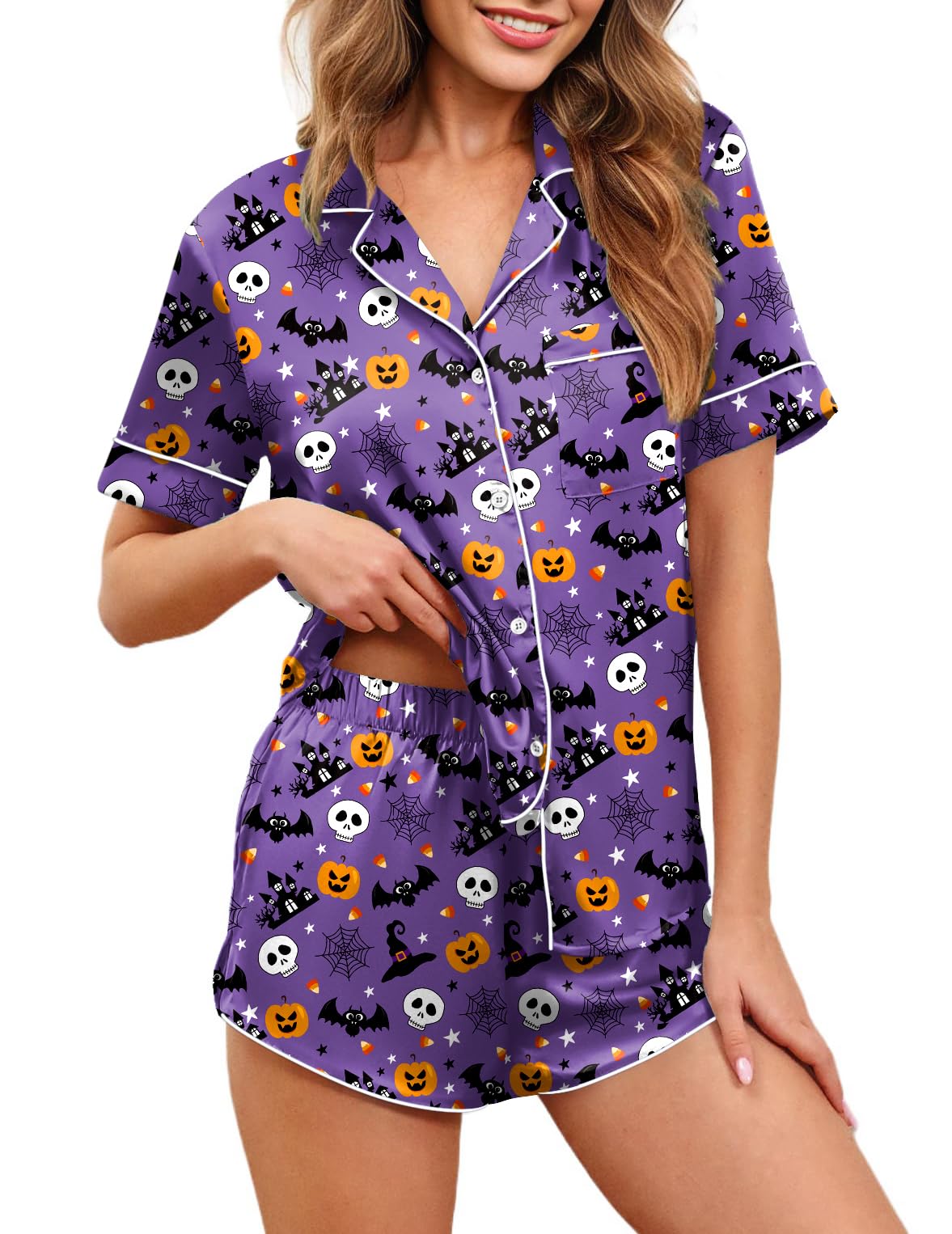 Ekouaer Womens Silk Satin Pajamas Set Short Sleeve Sleepwear S-5X Plus Size