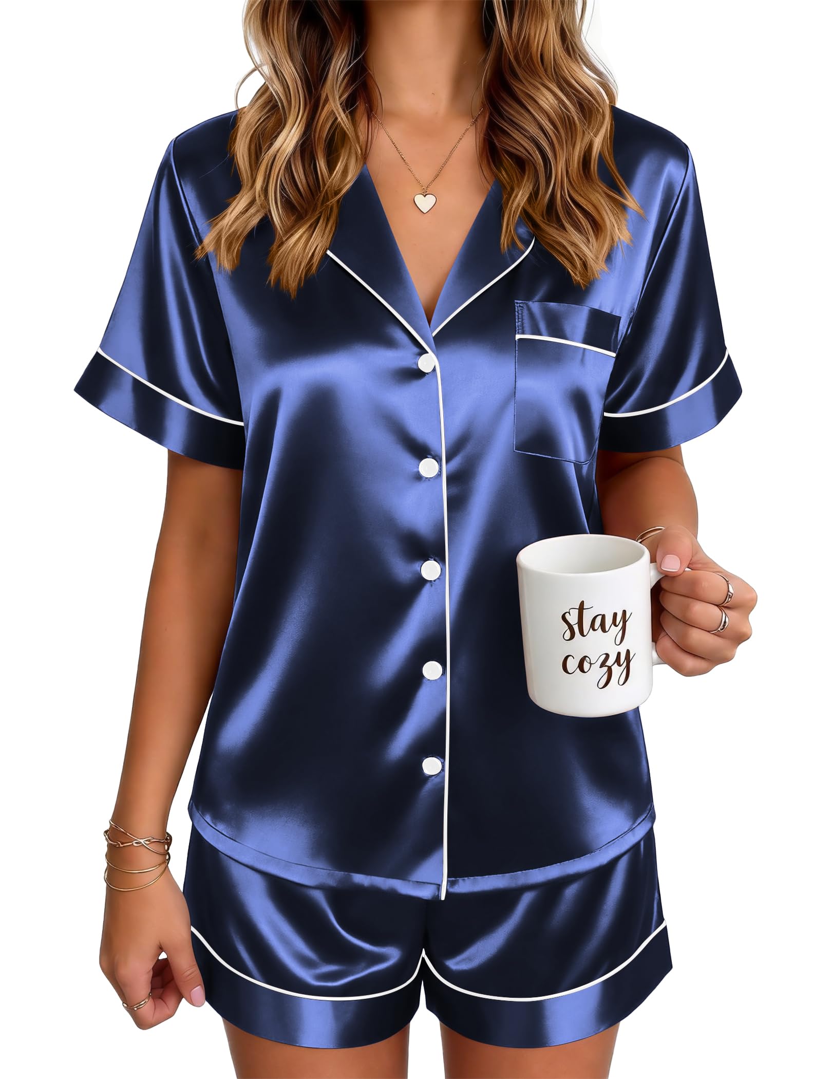 Ekouaer Satin Pajamas for Women Silk Pjs Short Set 2 Piece Lounge Sets