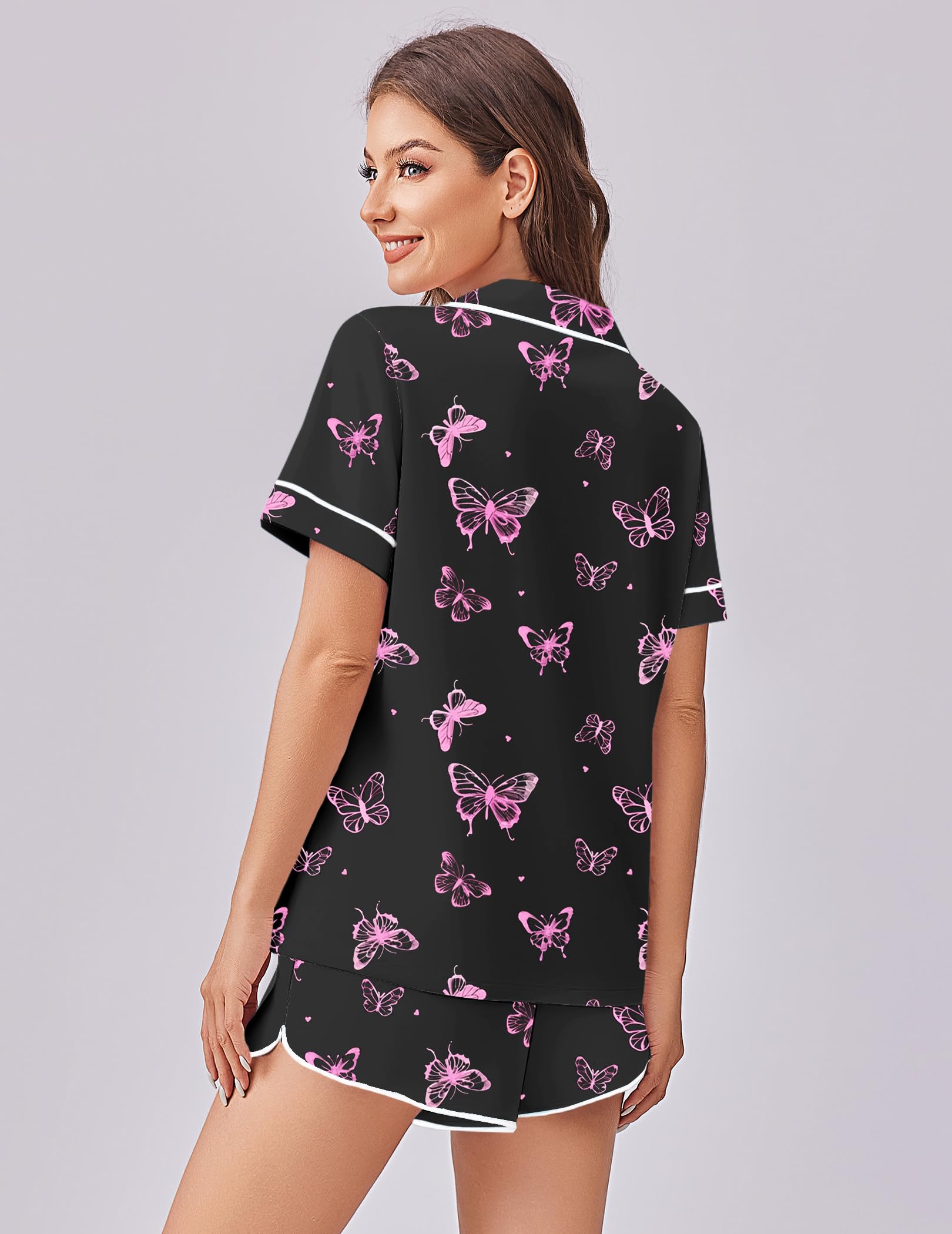 Ekouaer Womens Silk Satin Pajama Set Print Short Sleeve Sleepwear Button Down Pjs Shorts Set Loungewear