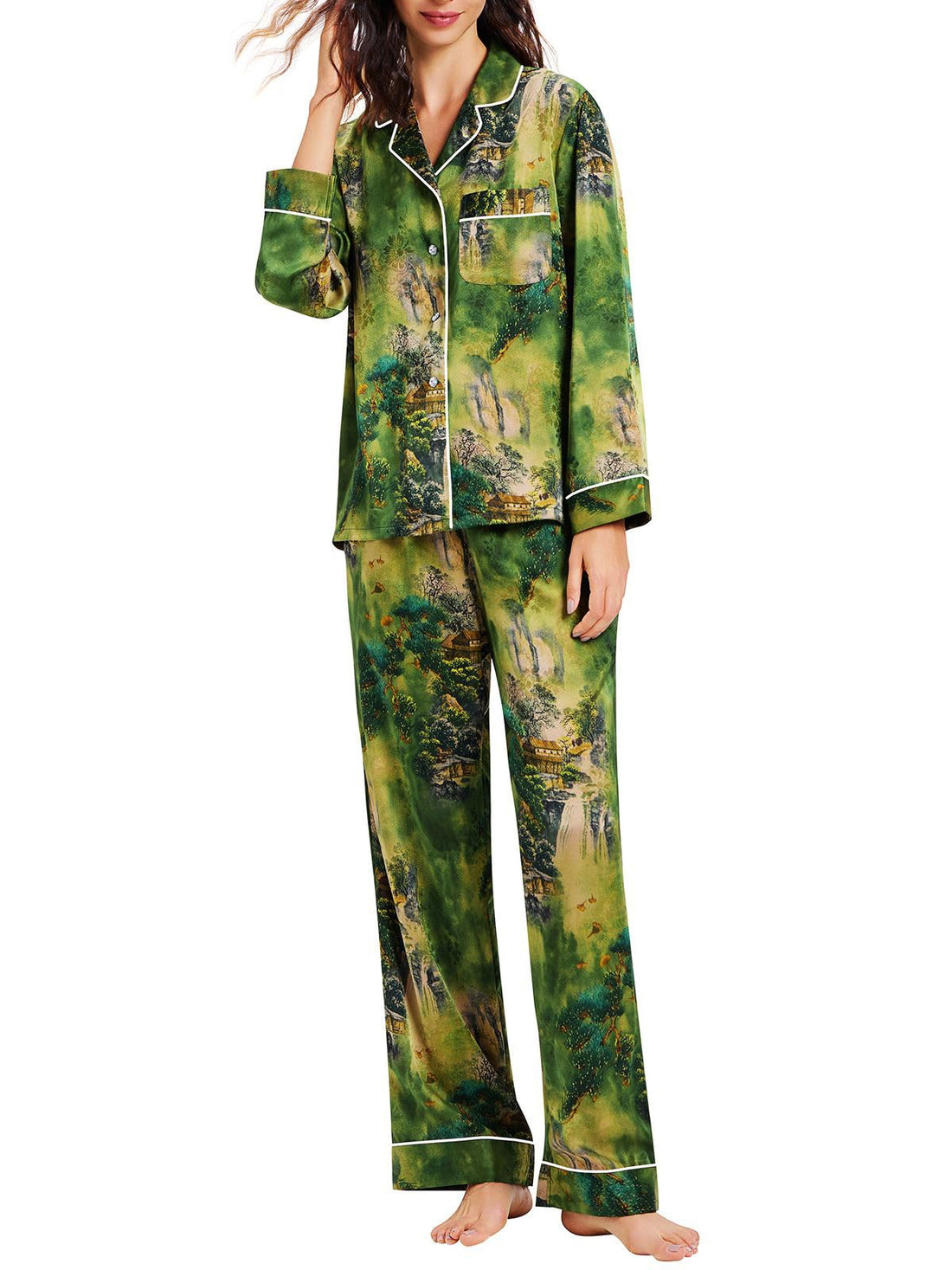 Lonxu Womens Satin Pajama Set Button Down Sleepwear Long Pj XS-3XL