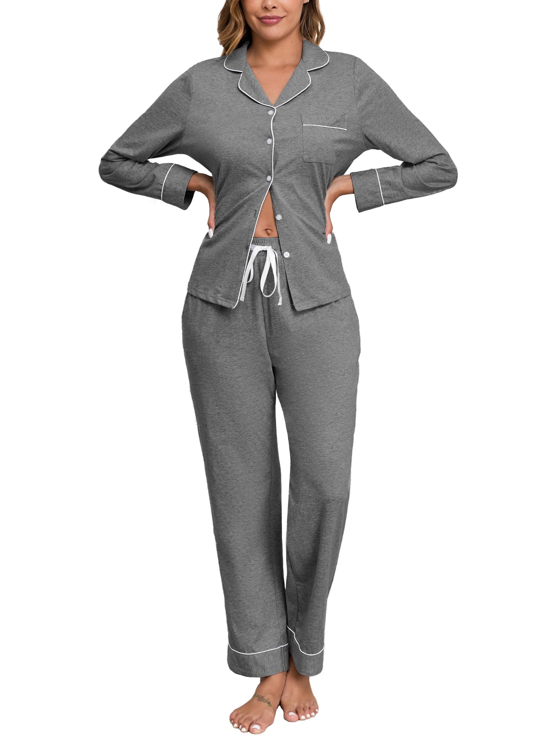 Veseacky 100% Cotton Women's Pajama Set Long Sleeve Button Down Sleepwear Soft Pjs Lounge Sets Nightwear Pjs XS-XXL
