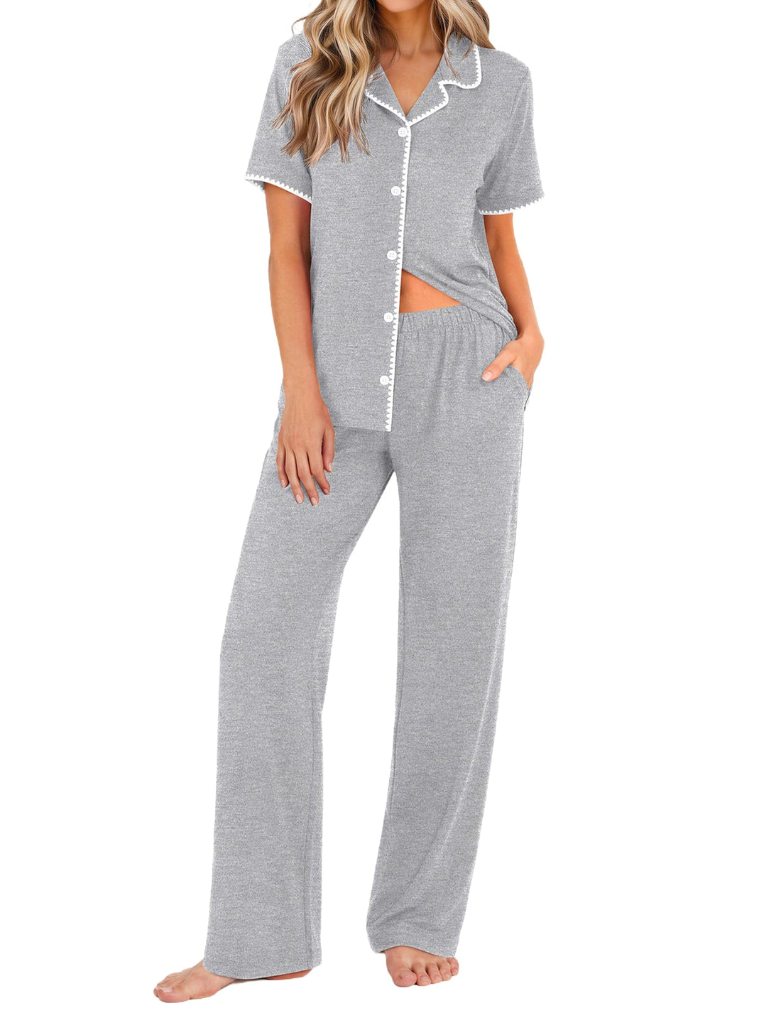 Ekouaer Womens Pajamas Set Button Down Loungewear Short Sleeve Pants Pjs