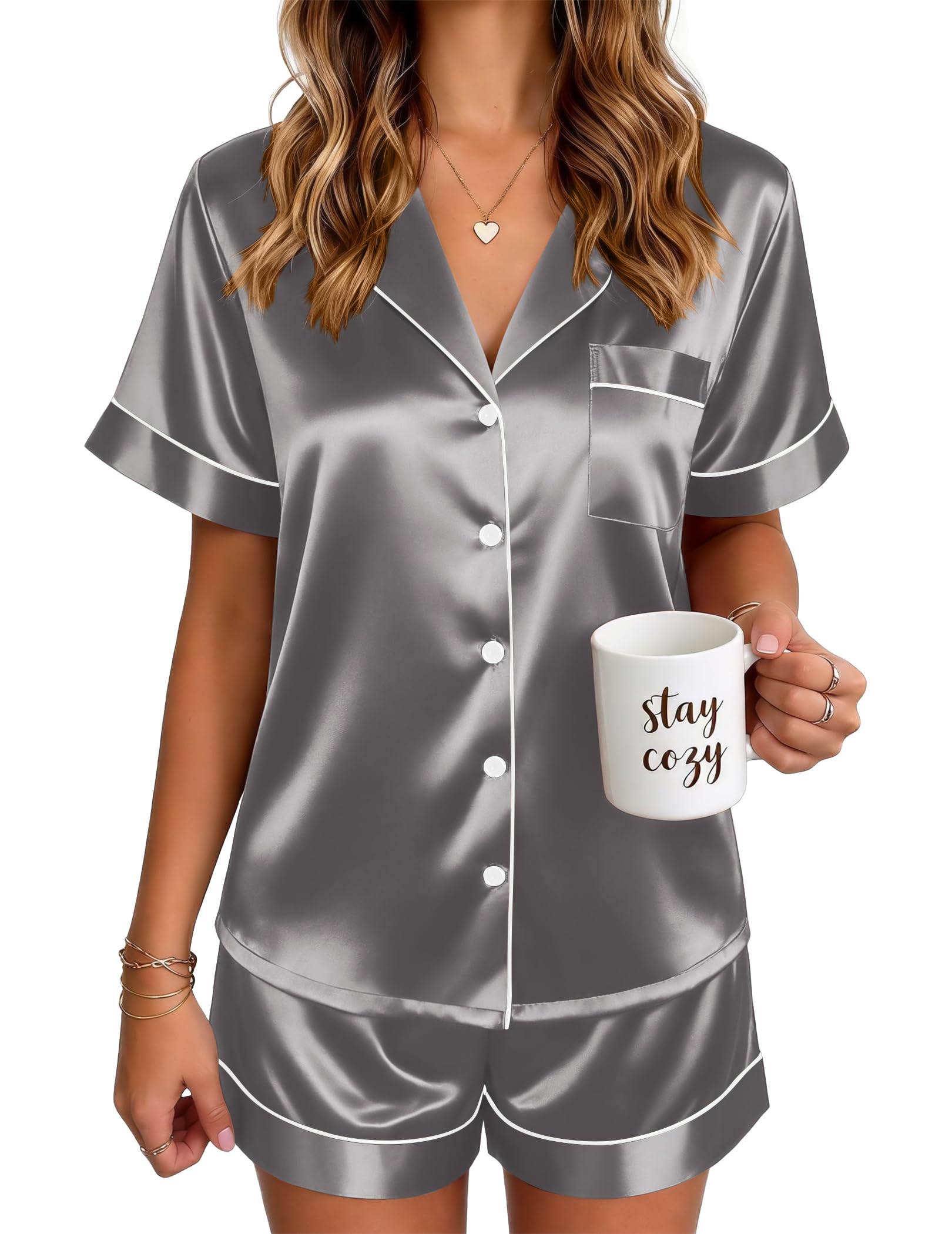 Ekouaer Satin Pajamas for Women Silk Pjs Short Set 2 Piece Lounge Sets