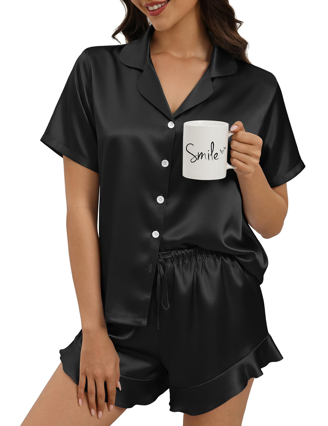 Silk Pajamas for Women Button Down 2 Piece Satin Pjs Shorts Set Ruffle Notch Collar Sleepwear Loungewear
