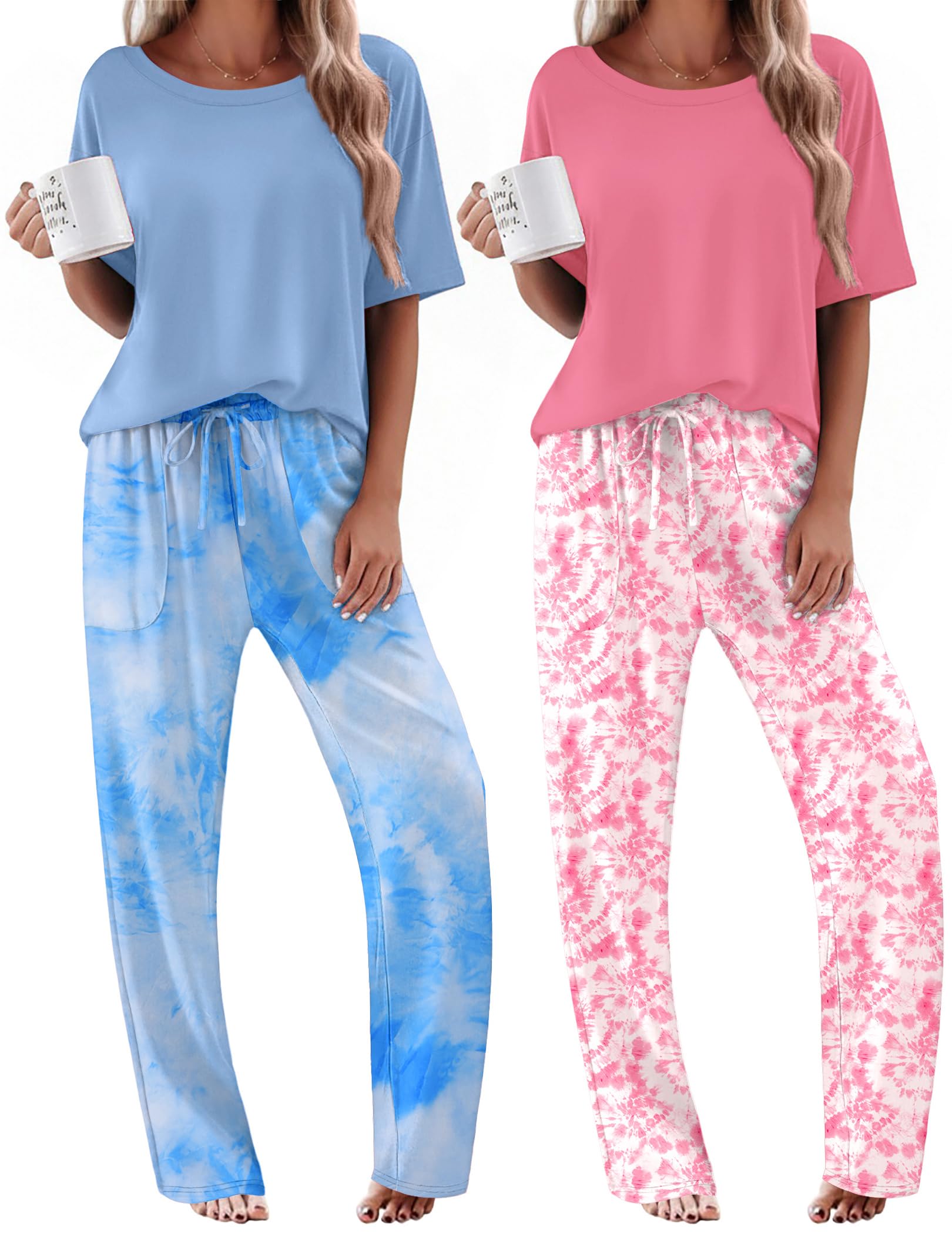 Ekouaer 2 Pack Womens Pajamas Sets Short Sleeve Long Pants Pjs Lounge Set