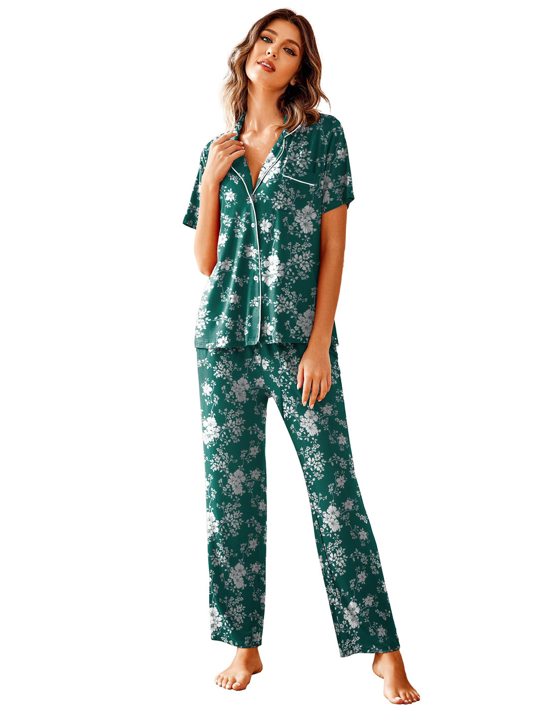 Avidlove Women Pajamas Set Notch Collar Soft Sleepwear Pjs Short Sleeve Button Down Nightwear with Long Pants