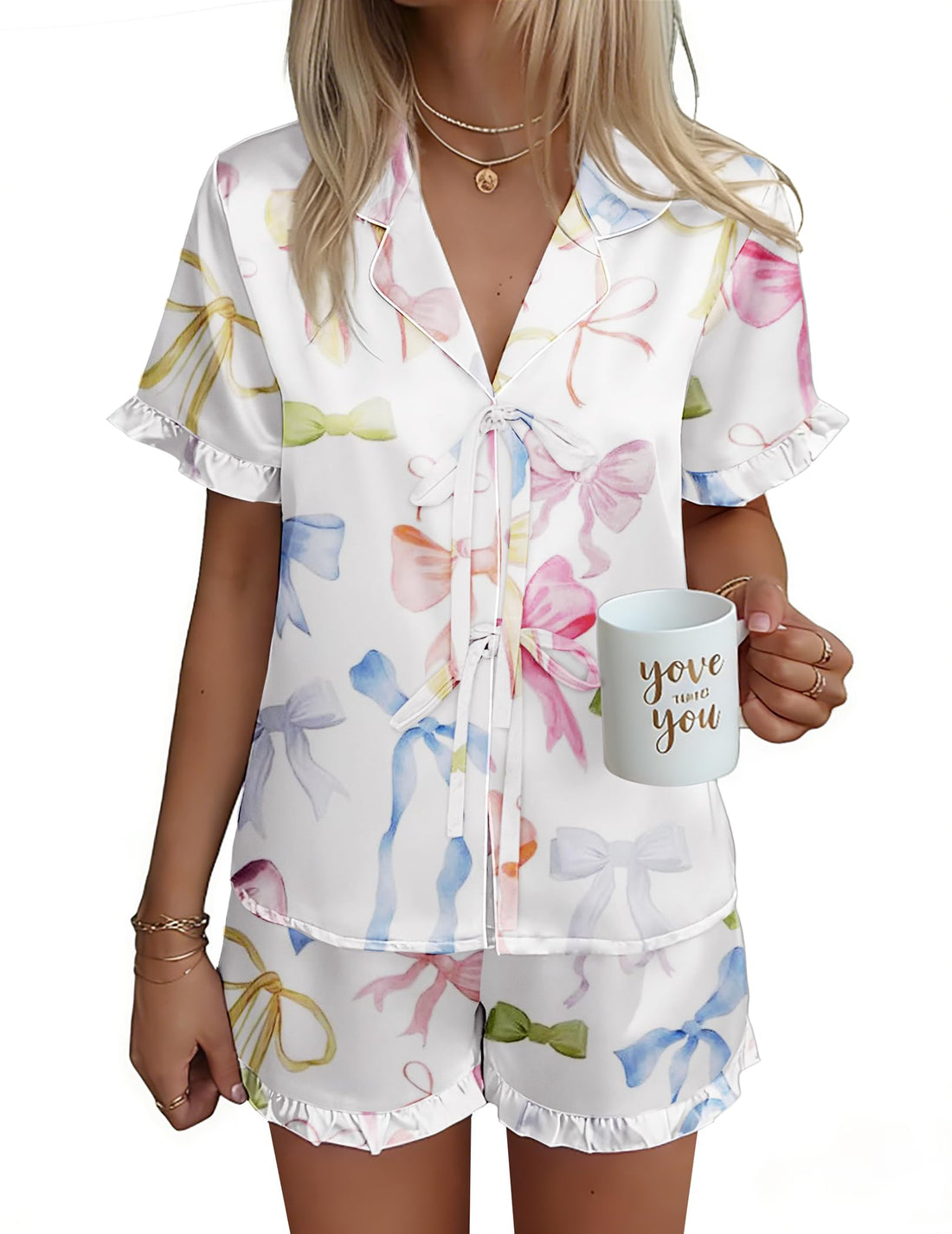 Ekouaer Satin Pajama for Women Short Sleeve Silky Pj Short Sets Lounge Set
