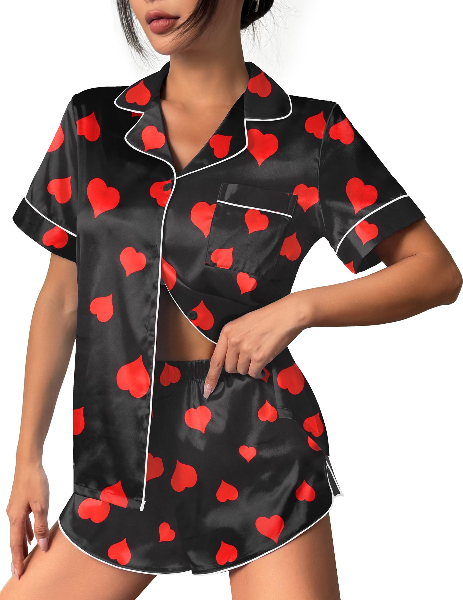Ekouaer Womens Silk Satin Pajama Set Print Short Sleeve Sleepwear Button Down Pjs Shorts Set Loungewear