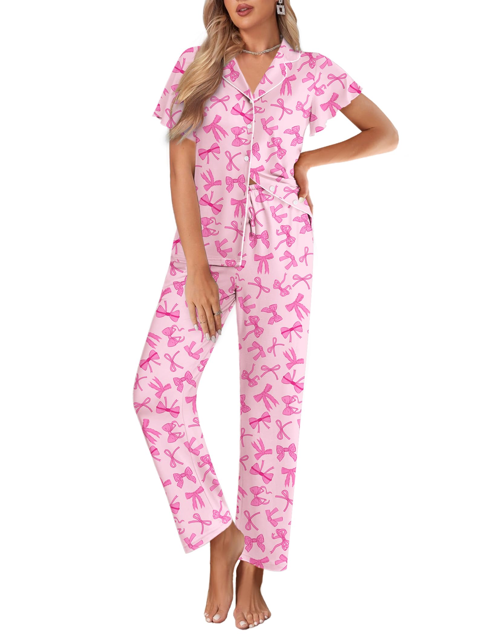 Ekouaer Pajamas for Women Set Ruffle Sleeve Button Up with Long Pants