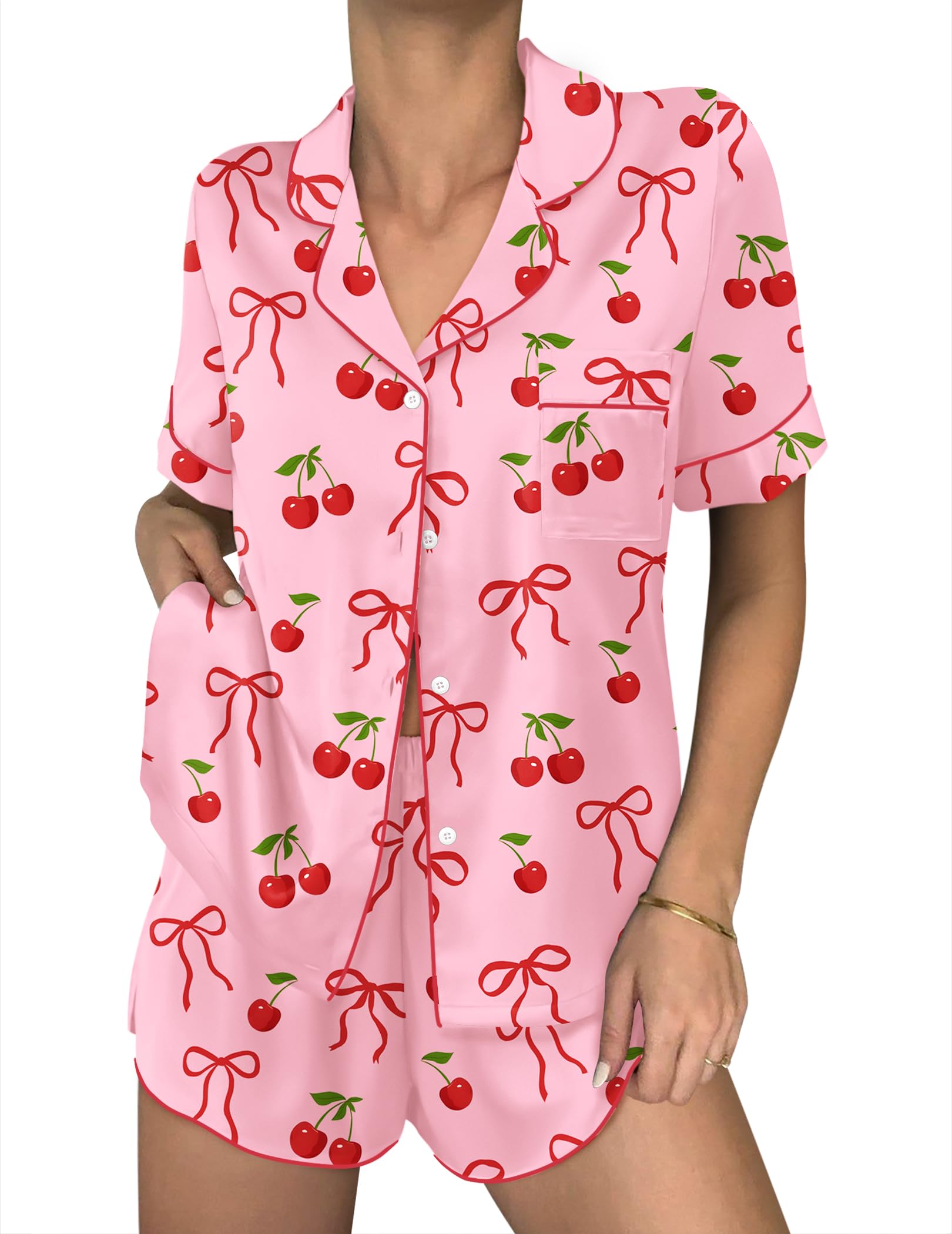 Ekouaer Women Satin Pajama Sets Cute Print Silk Pjs Shorts Sets S-4XL