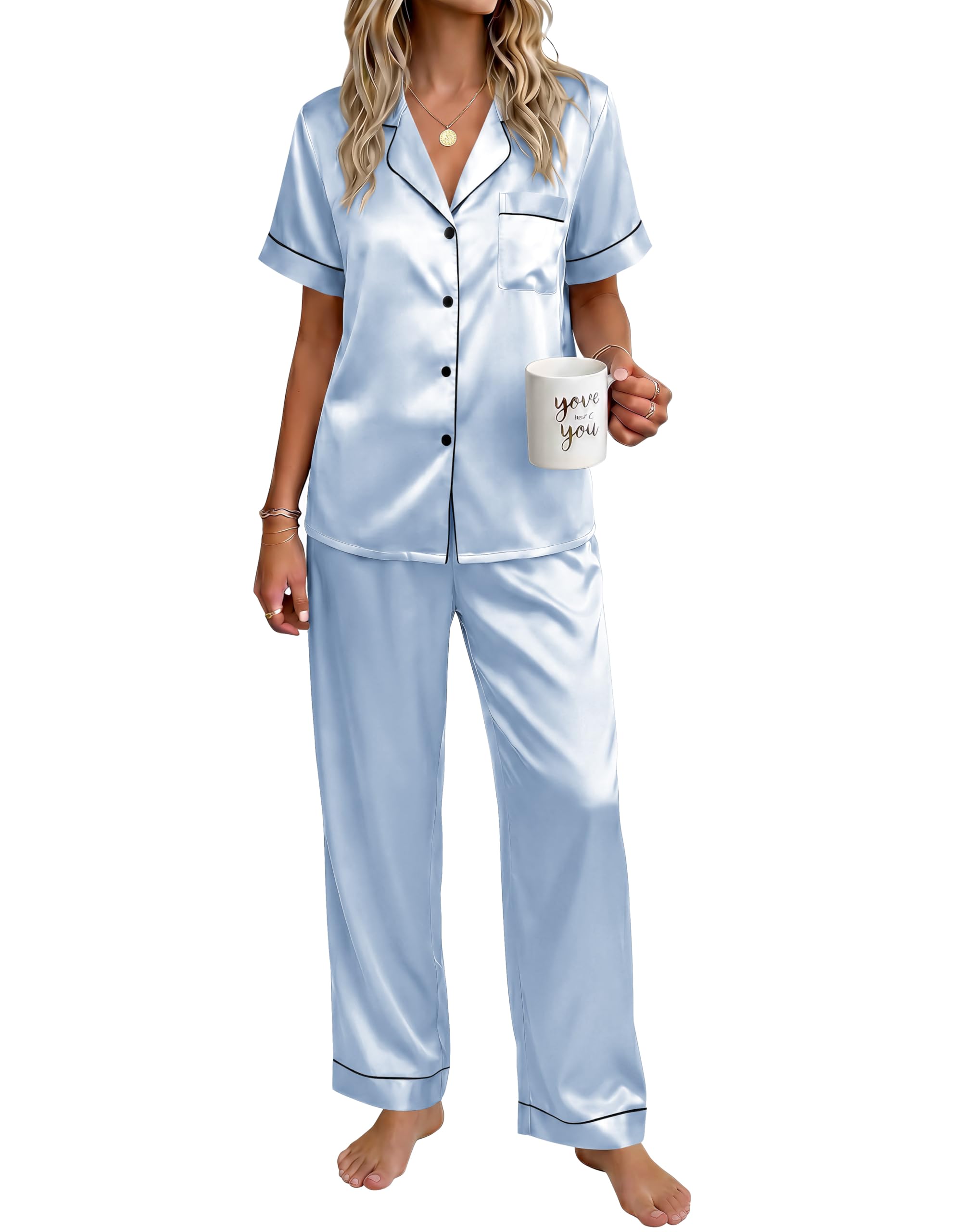 Ekouaer Womens Satin Pajama Set Silky Short Sleeve Button Down Pj Set