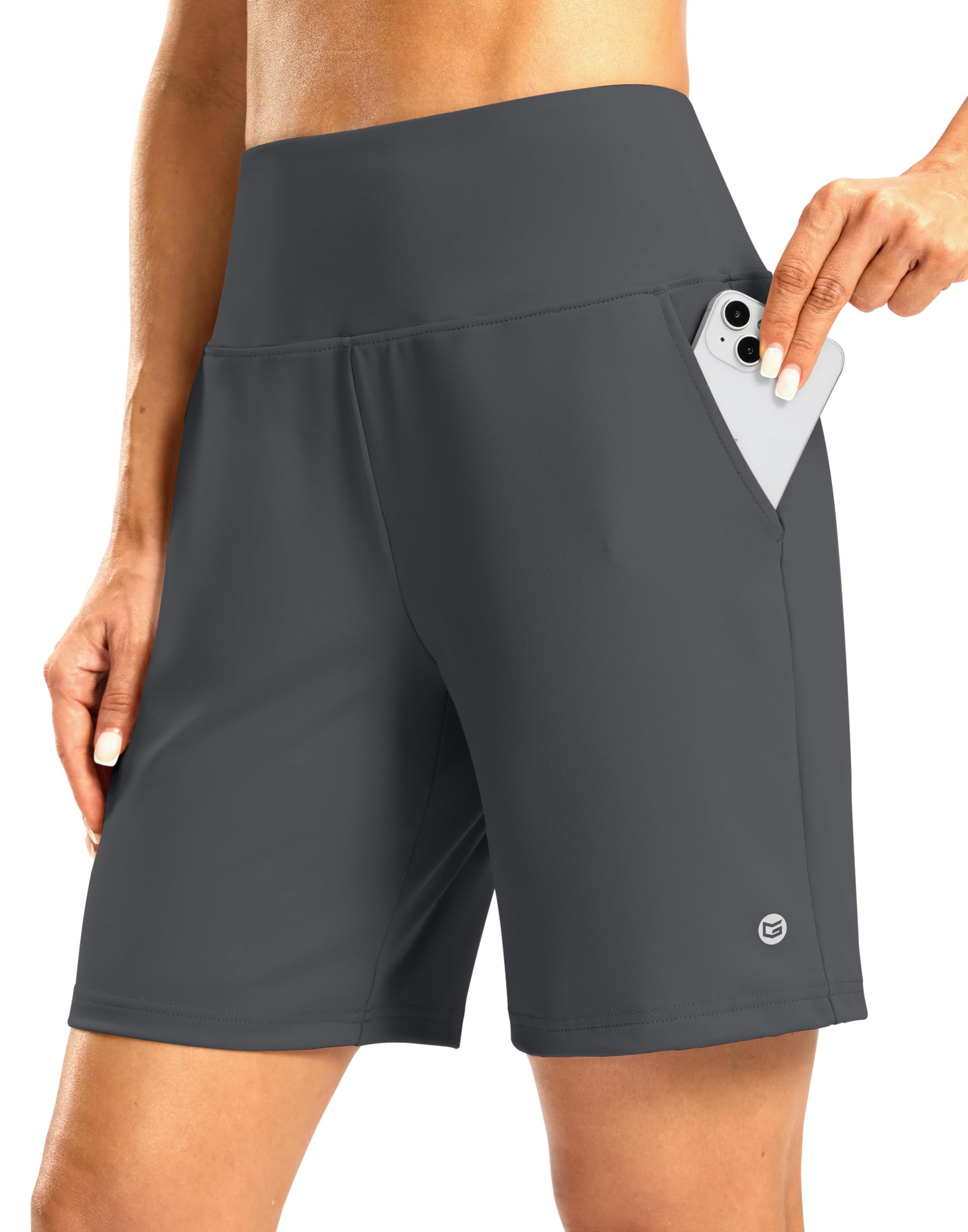 Women's Athletic Shorts with Zipper Pocket 7" High Waisted Stretchy Bermuda Shorts for Women Workout Running Casual
