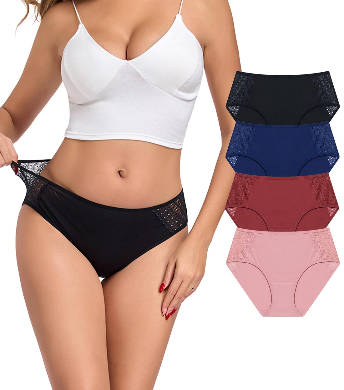 COLORFULLEAF Women's Cotton Hipster Panties Sexy Lace Underwear Pack Soft Moisture Wicking Bikini Briefs