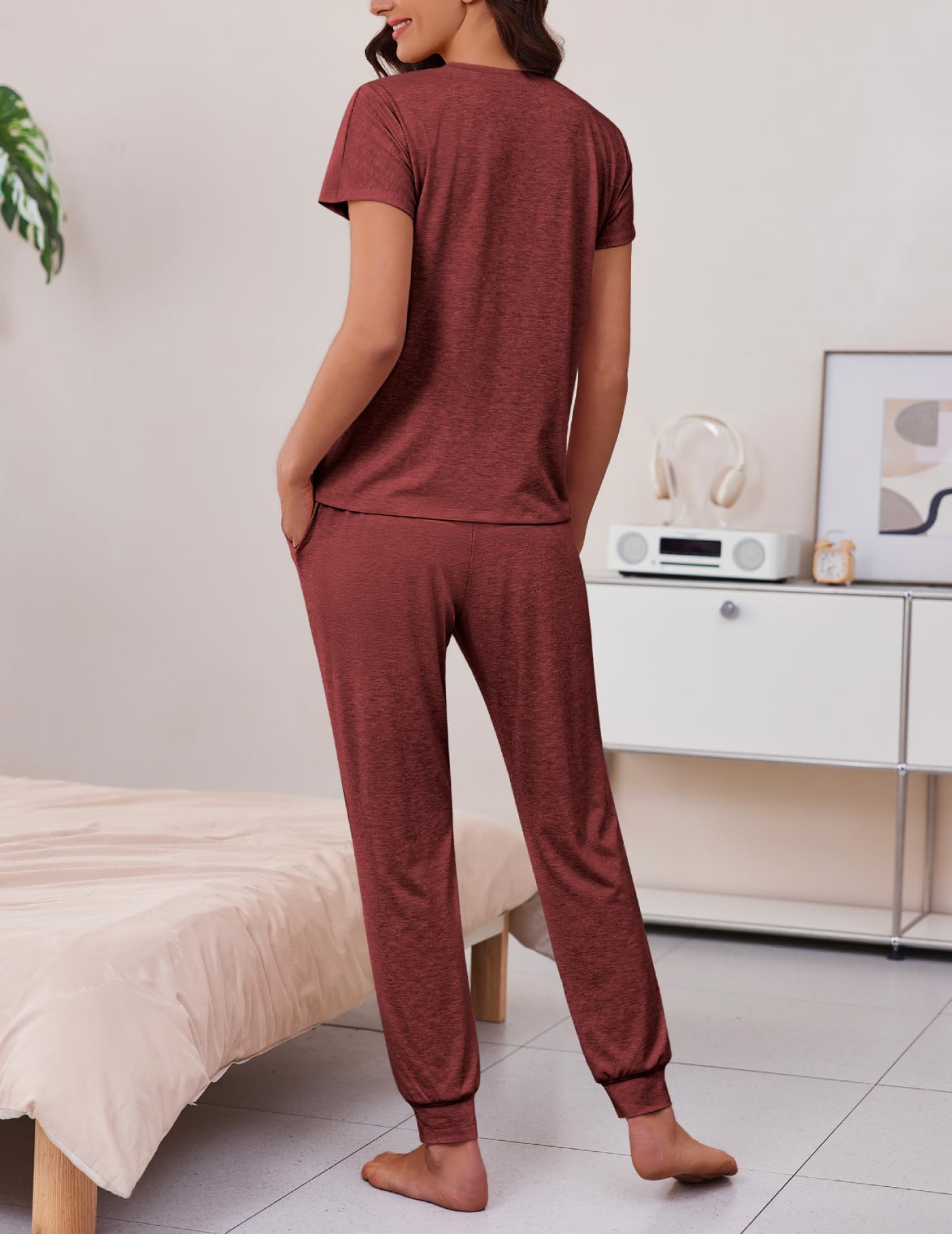 Ekouaer 2 Pack Womens Pajama Short Sleeve Jogger Pants Pjs Lounge Set