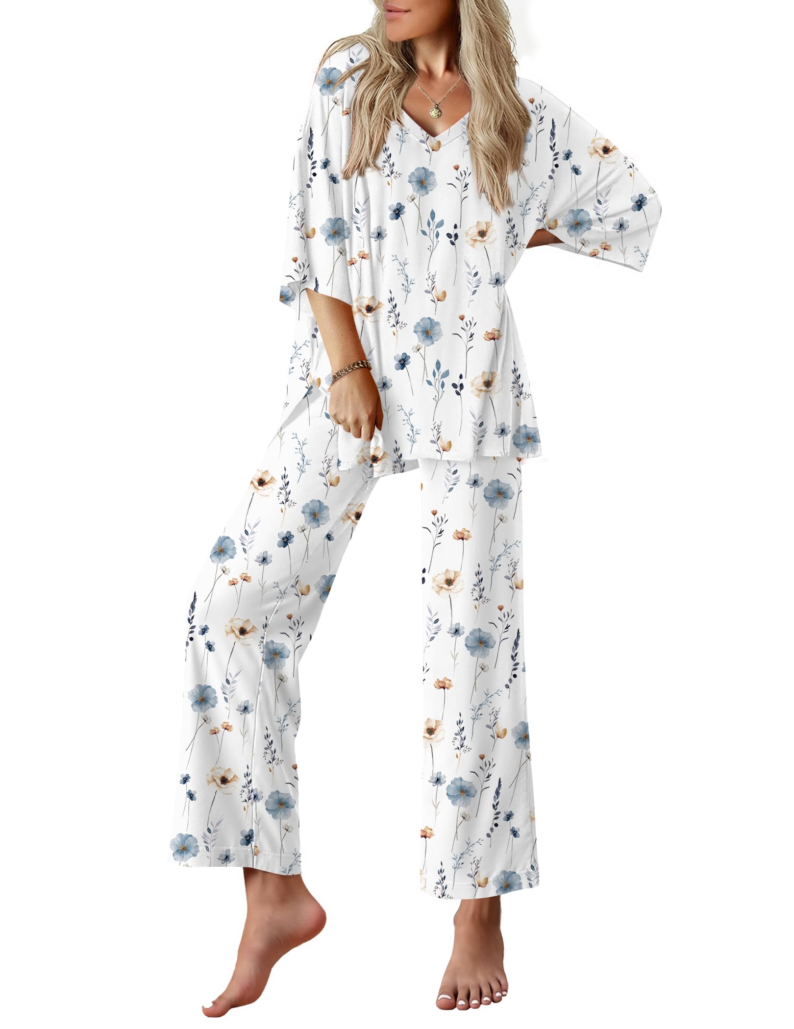 Ekouaer Lounge Sets for Women Short Sleeve Tops and Long Pants Pajamas Set