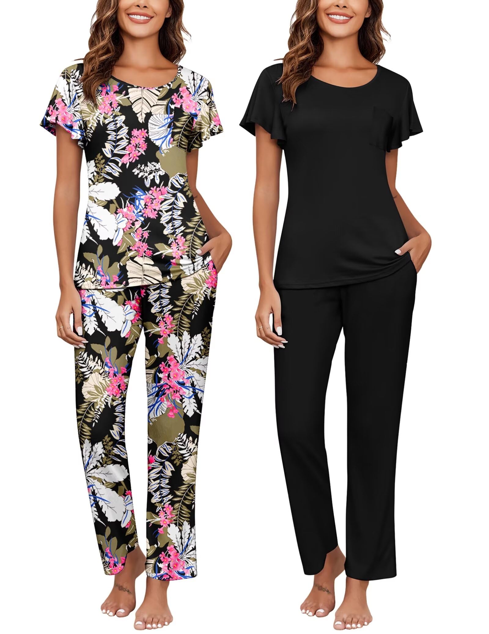 Ekouaer Pajamas for Women Set 2 Piece Comfy Loungewear, Lightweight Pjs Sleepwear, Short Sleeve Top & Long Pants with Pockets