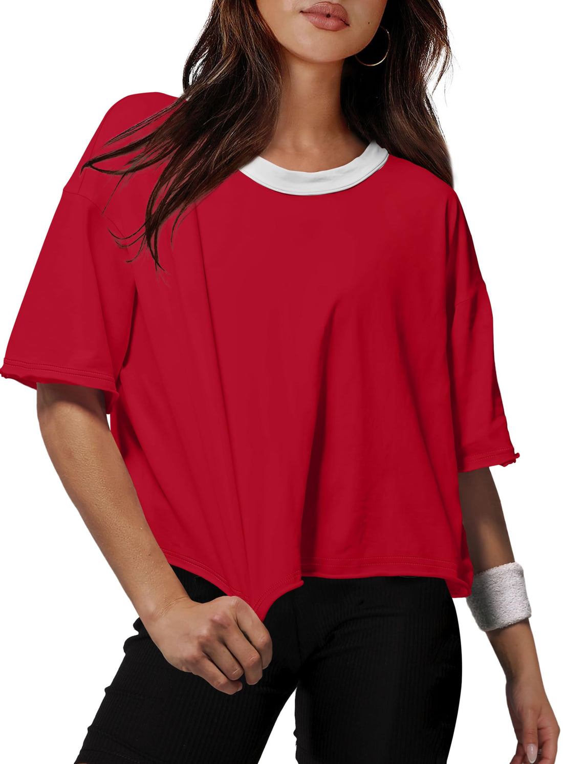 XIEERDUO Cotton Tshirts for Women Drop Shoulder Round Neck Oversized Crop Tops Workout Tops Tees