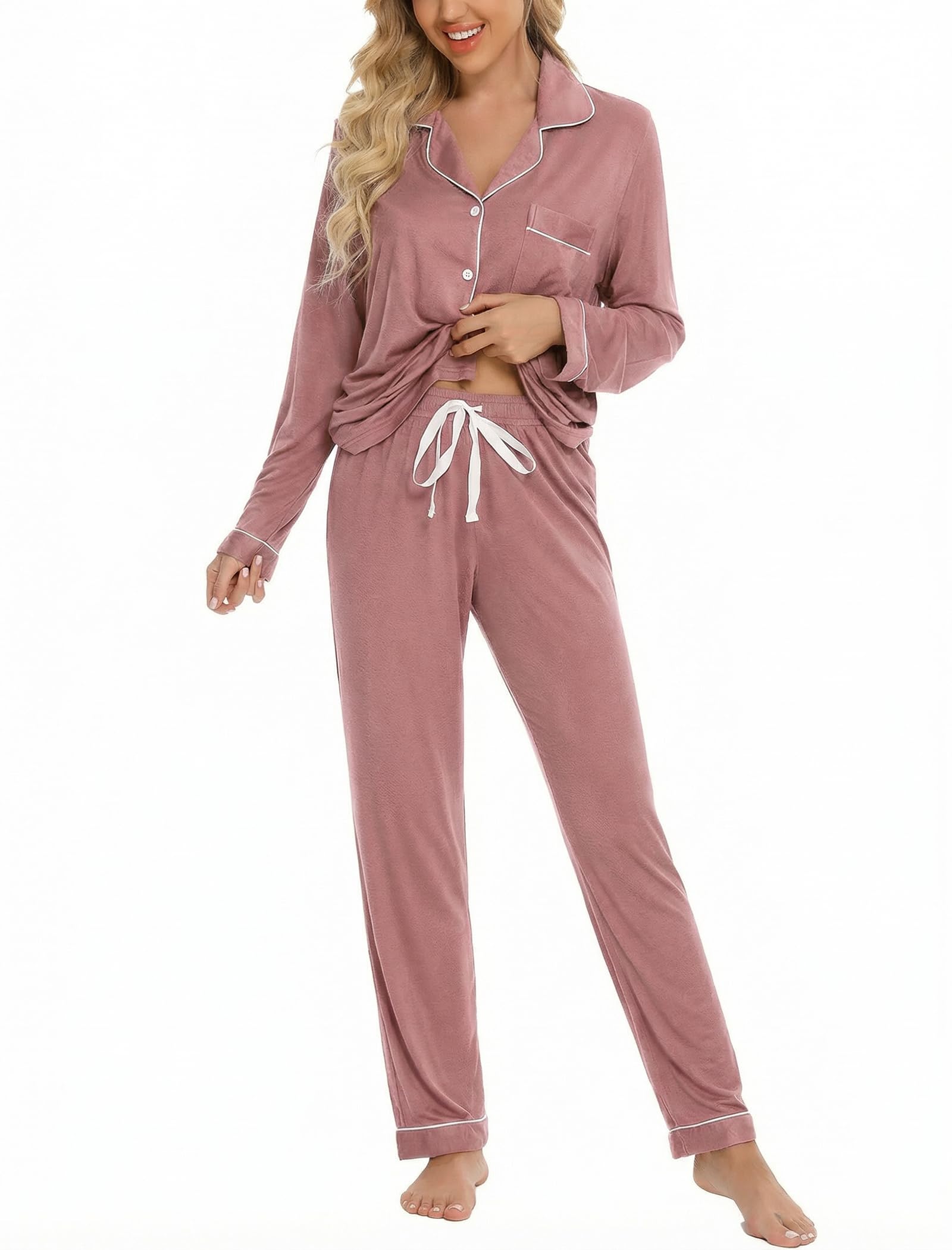 Leikar Button Up Pajamas For Women Long Sleeve Viscose Soft Pjs Lounge