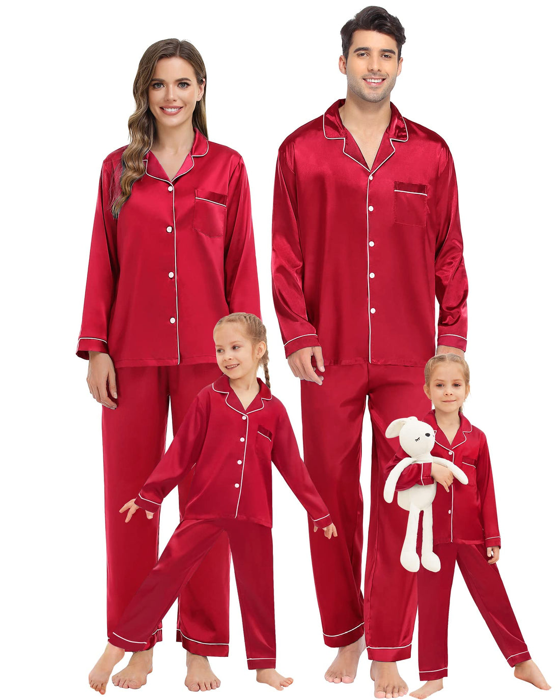 SWOMOG Family Matching Pajamas Set Silk Satin Button Down Sleepwear Long Sleeve Nightwear 2 Pcs Pj Set S-XXL