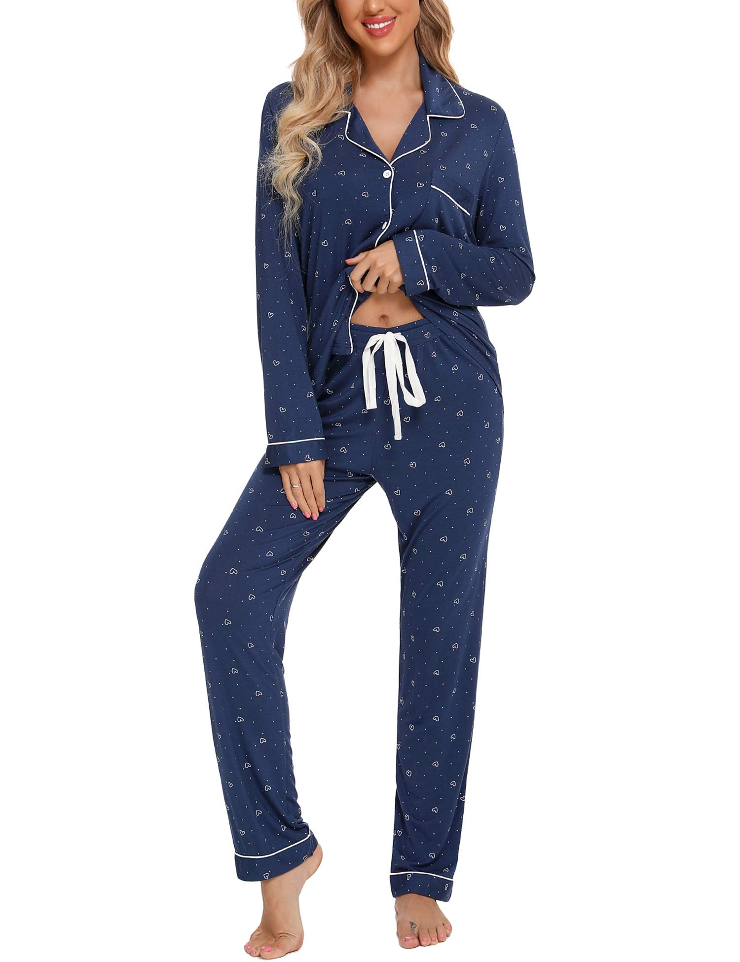 Senert Pajamas Set For Women Long Sleeve Sleepwear with Pocket Soft Button Down Shirt Long Pants Pj Lounge Sets S-XXL