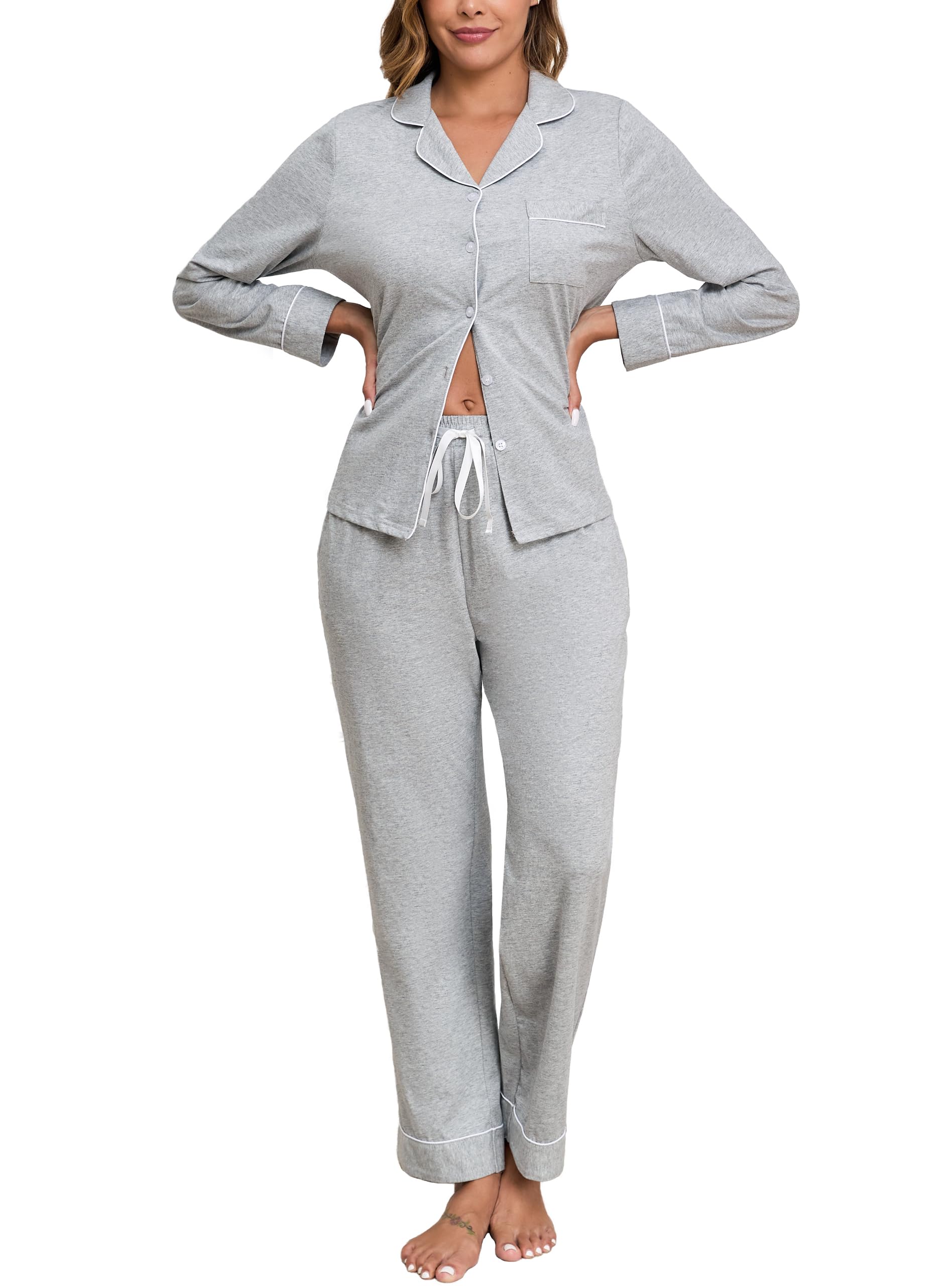 Veseacky 100% Cotton Women's Pajama Set Long Sleeve Button Down Sleepwear Soft Pjs Lounge Sets Nightwear Pjs XS-XXL