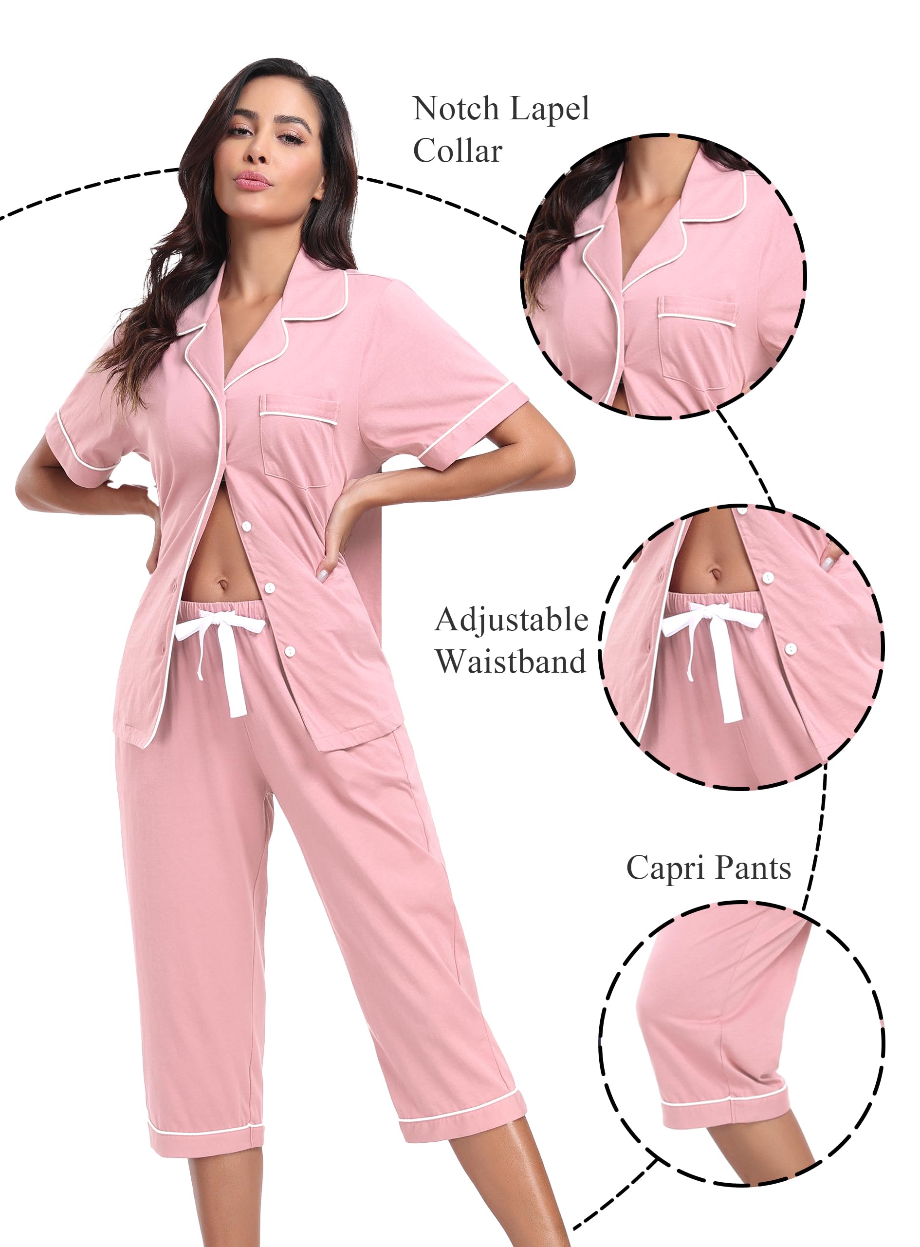 COLORFULLEAF 100% Cotton Women's Pajama Sets Short Sleeve Capri Pajamas for Women Set Button Down Pjs Soft Sleepwear Summer