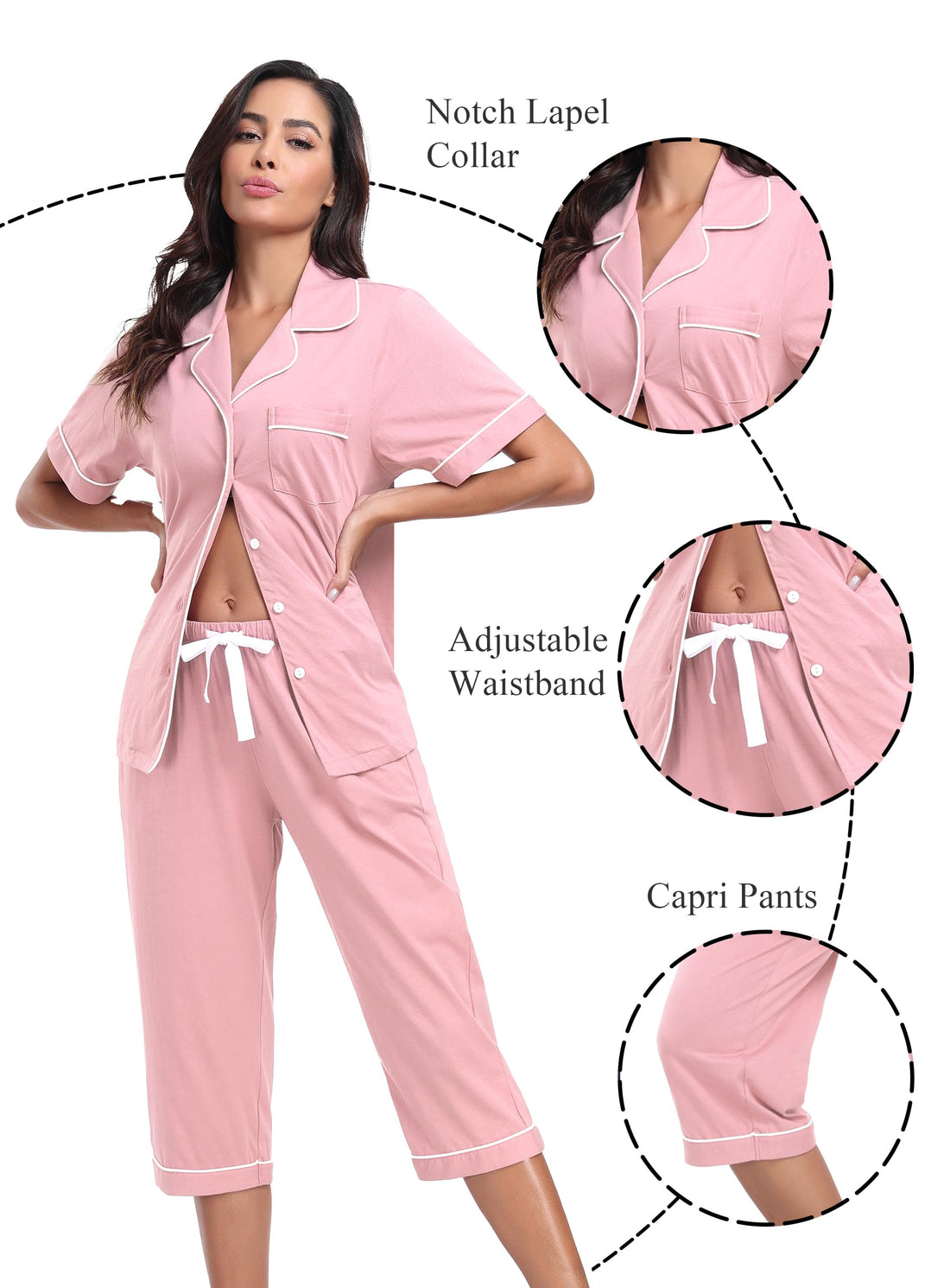 COLORFULLEAF 100% Cotton Women's Pajama Sets Short Sleeve Capri Pajamas for Women Set Button Down Pjs Soft Sleepwear Summer