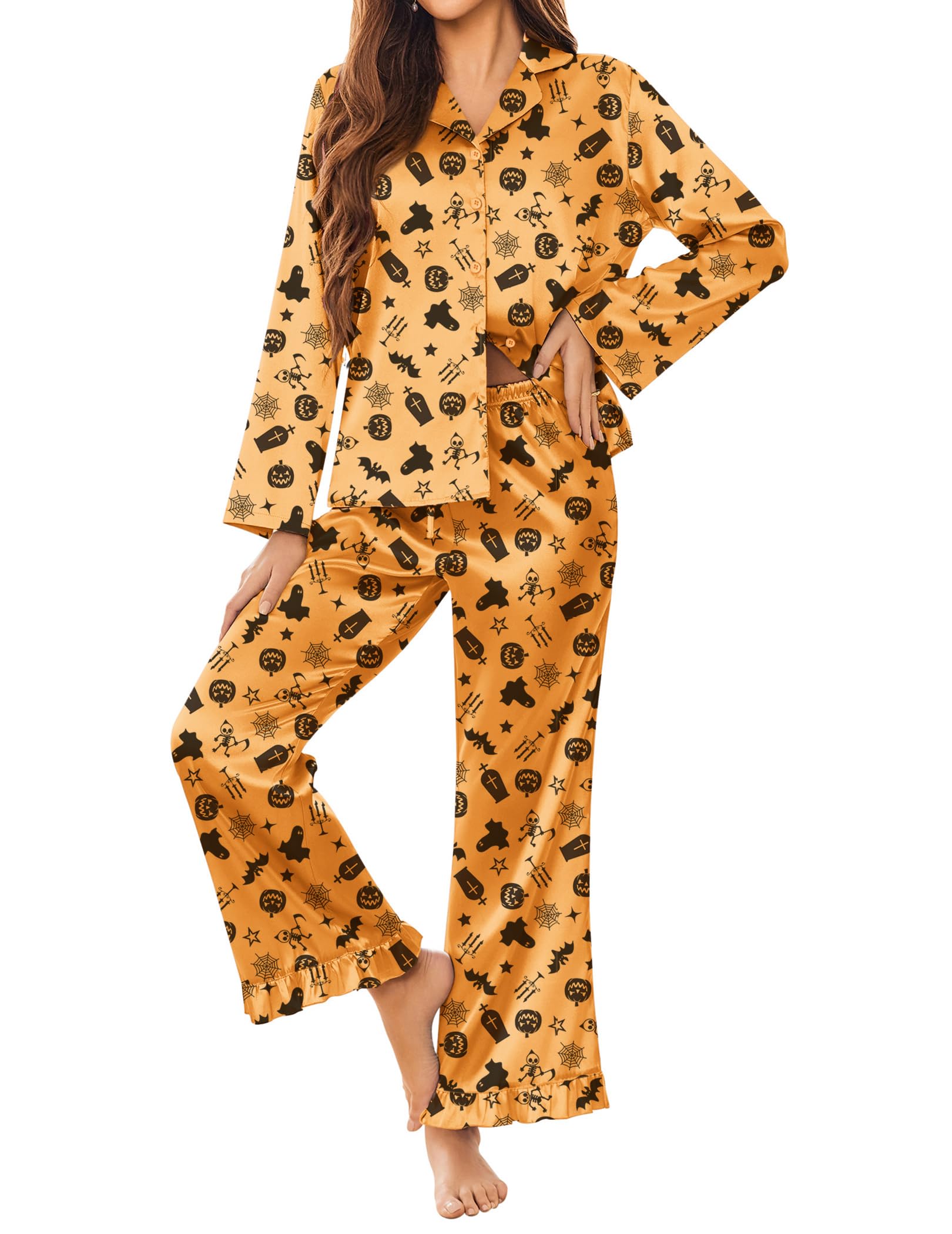 Ekouaer Satin Pajama Set for Women Long Button Down Silk Pj with Ruffle