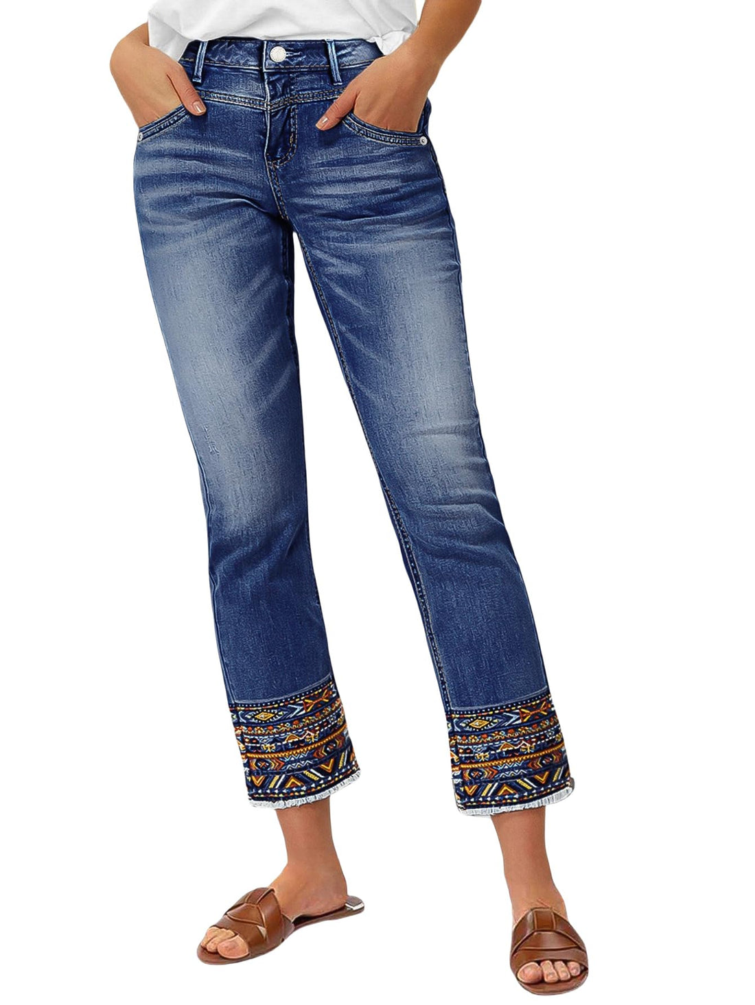 Flamingals Straight Leg Cropped Jeans for Women Trendy Mid Rise Stretchy Tribal Embroidery Raw Hem Ankle Jeans