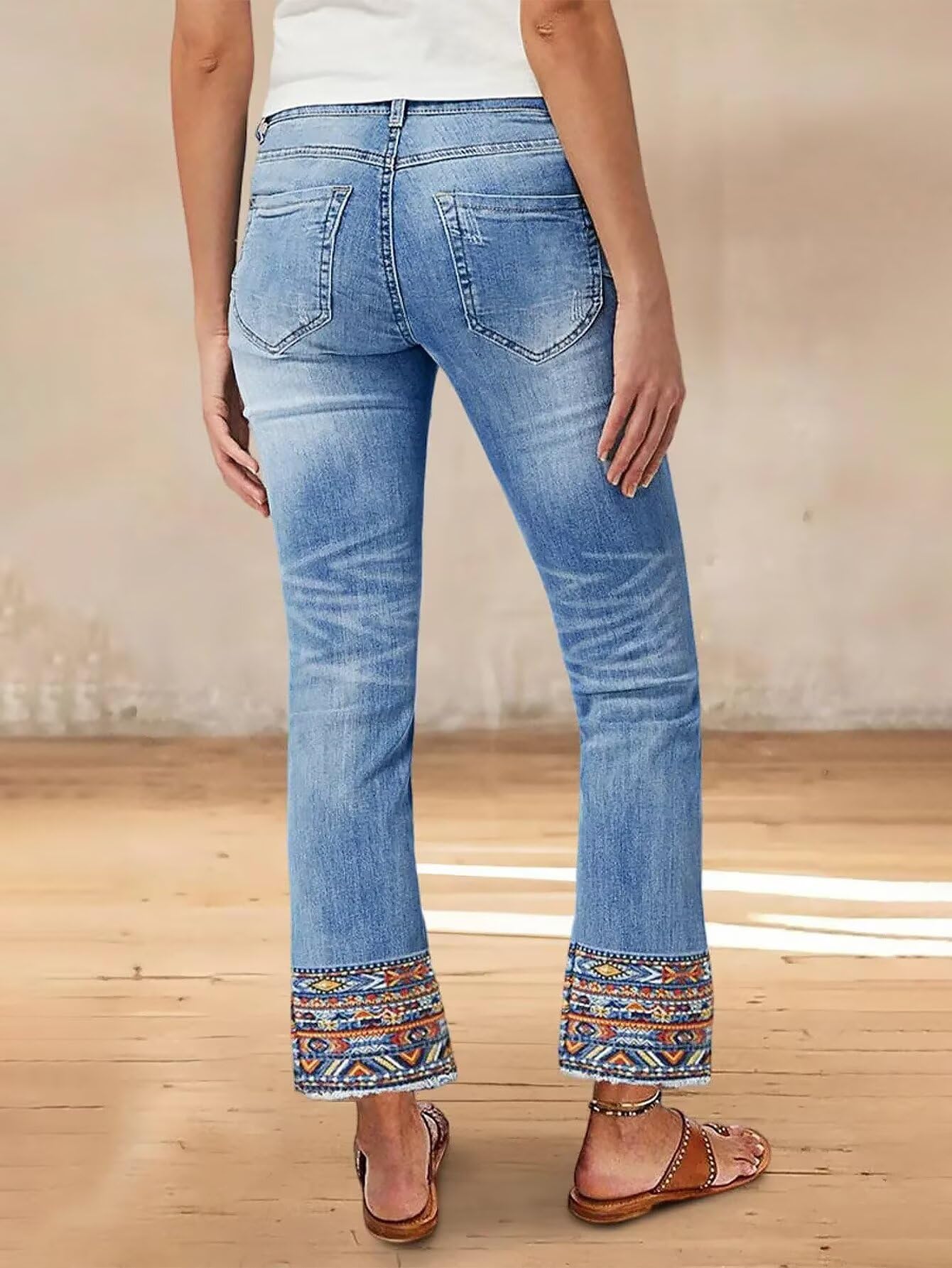 Flamingals Straight Leg Cropped Jeans for Women Trendy Mid Rise Stretchy Tribal Embroidery Raw Hem Ankle Jeans