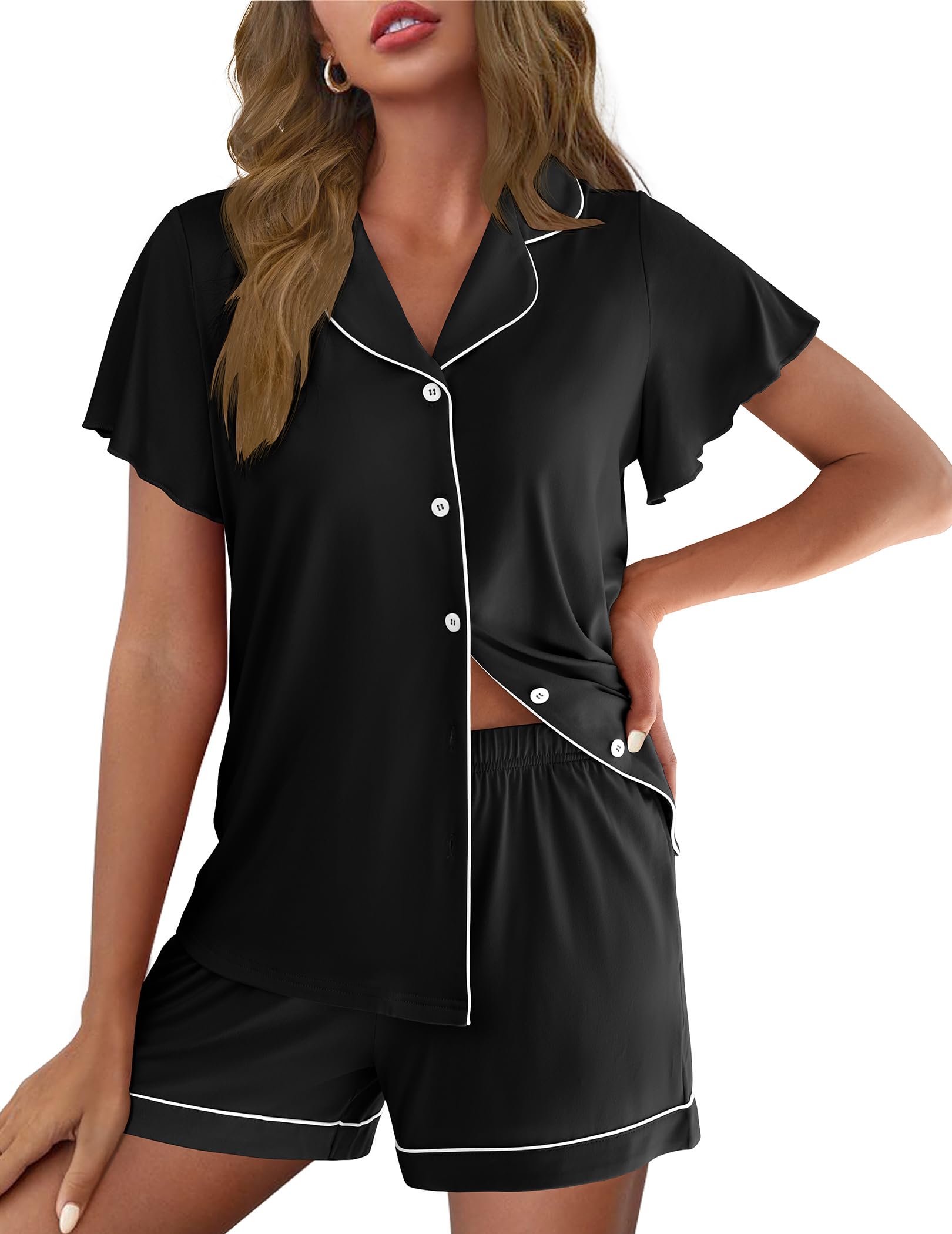 Ekouaer Pajamas for Women Set Button Up Bridal Pjs Ruffle Sleeve