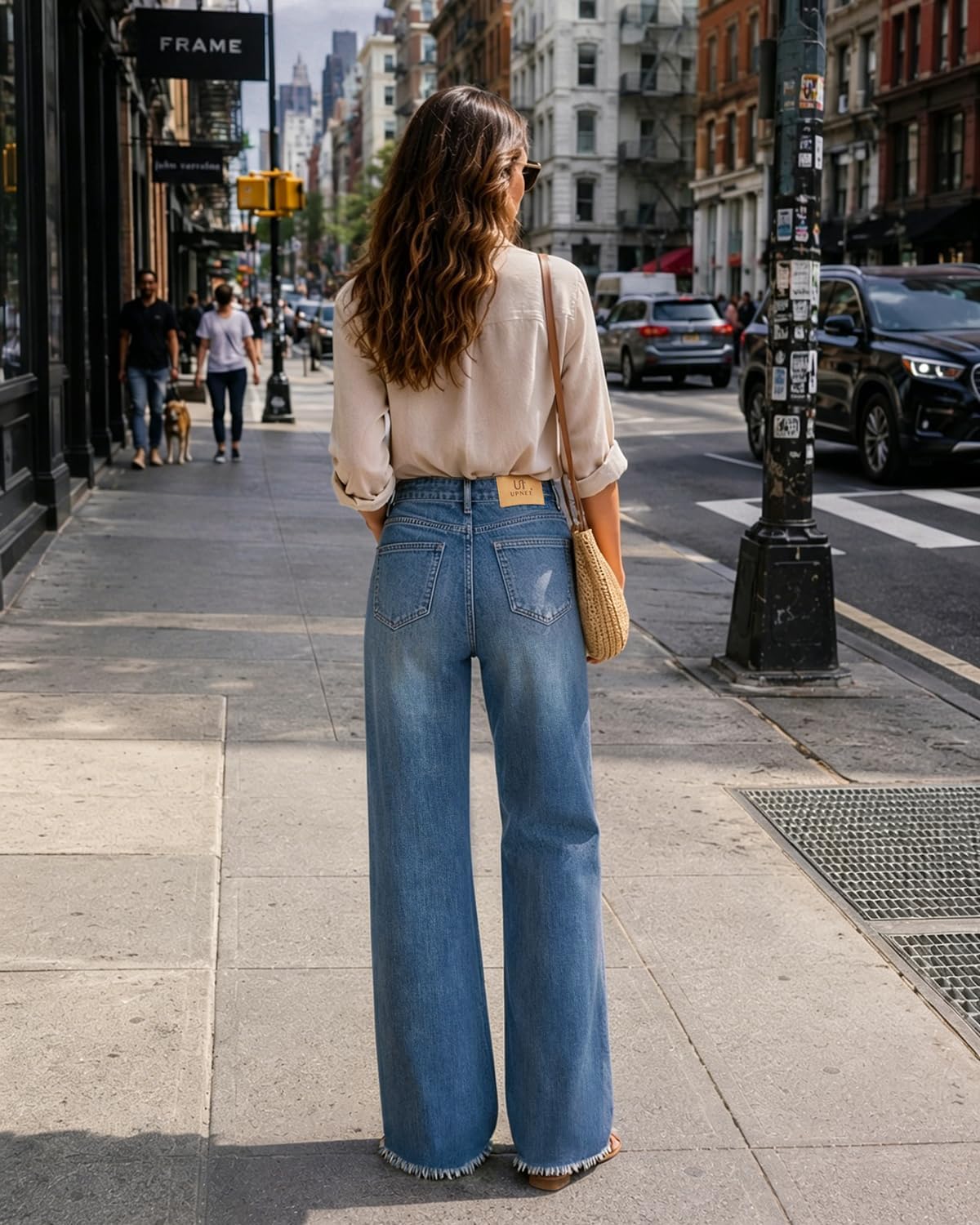 Womens High Waisted Jeans Stretchy Straight Leg Loose Fit Tummy Control Raw Hem Denim Pants Trendy Fashion